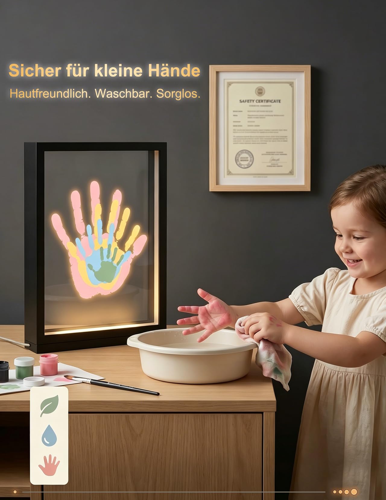Fuerdich Beleuchteter Handabdruck Rahmen – 4 Schichten, LED Licht – Schwarz | DIY Set mit 6 Farben, Pinsel, Marker – Baby Fußabdruck, Handabdruck Familie – Geschenk Geburt, Taufe, Weihnachten – USB