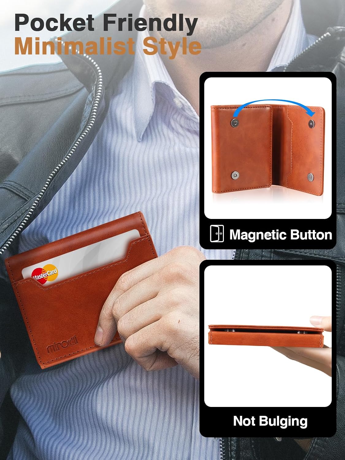 Images showing the magnetic button closure of the Miroddi MF59 wallet and its slim profile cando estea pechado.