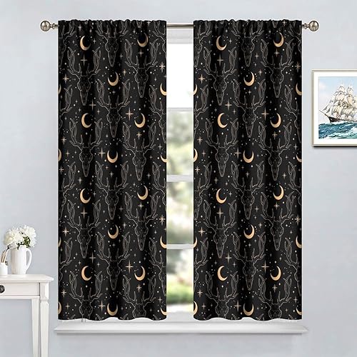 Vista 429 de Cortinas de cabeza de cabra, misteriosa cabeza de cabra malvada, calavera negra, bolsillo para barra, cortinas opacas para ventana, juego de 2