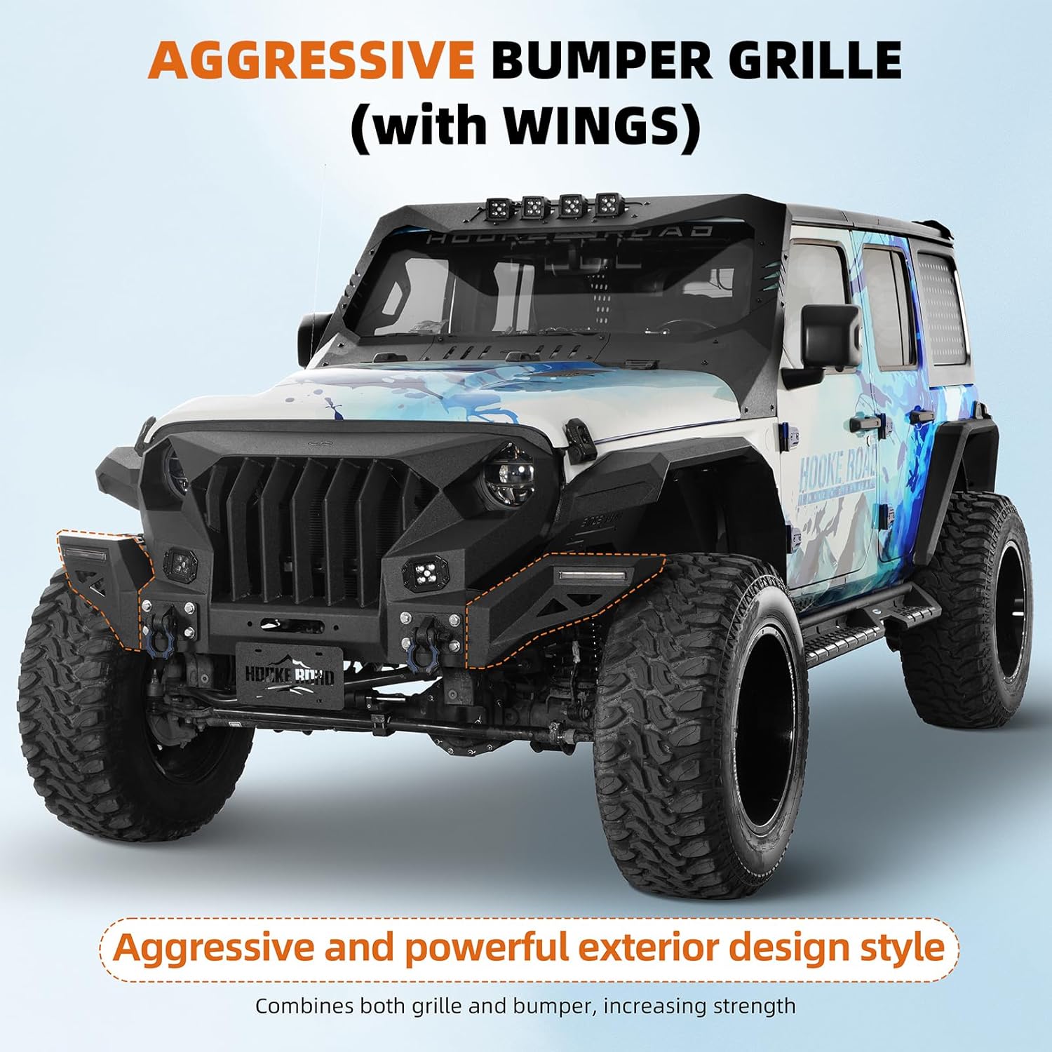 Hooke Road Gladiator Front Bumper Grille (with Wings) for 2018-2026 Jeep Wrangler JL & Gladiator JT, Aggressive Offroad Bumper Include Winch Plate, D-Rings, DRL Lights
