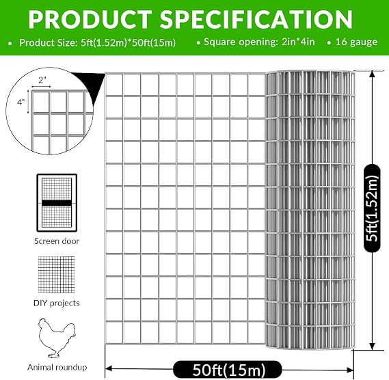 Chicken Wire Fencing 2x 4 5ft x 50 ft,Vinyl Coated Welded Wire Mesh Roll,16GA Heavy Duty Galvanized Chicken Wire Fencing, Hardware Cloth for Yard Vegetable Protection Goat & Poultry Netting
