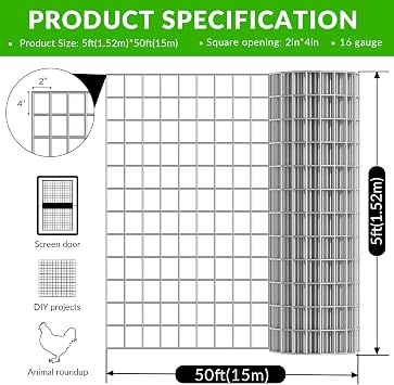 Chicken Wire Fencing 2x 4 5ft x 50 ft,Vinyl Coated Welded Wire Mesh Roll,16GA Heavy Duty Galvanized Chicken Wire Fencing, Hardware Cloth for Yard Vegetable Protection Goat & Poultry Netting