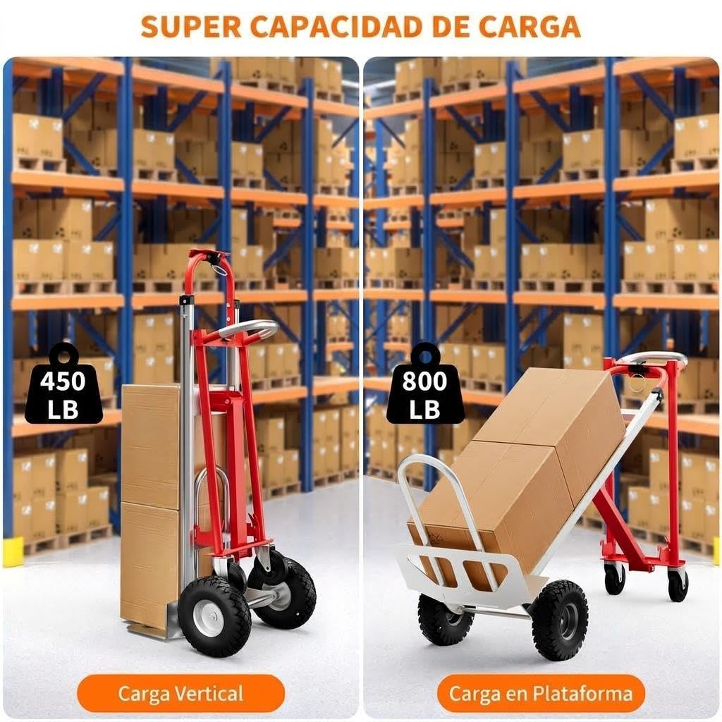 Carretilla Plegable de Aluminio, Carga Máxima 350 kg, Carrito de Ttransporte con Ruedas Macizas Grandes, Carrito Manual para Hogar, Jardín, Almacén y Granja, Rojo