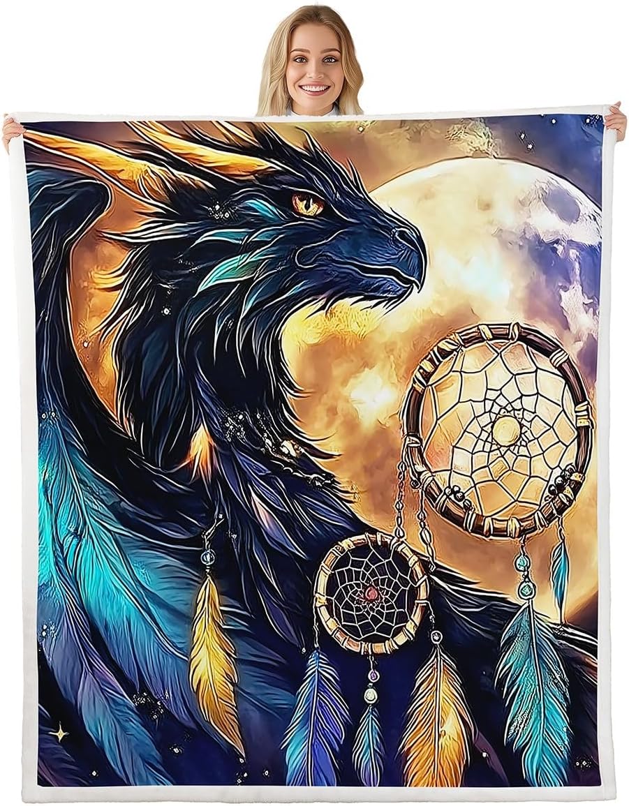 Erosebridal Western Dragon Blanket Throw,Exotic Boho Dream Catcher Blankets and Throws for Kids Room Decor,Fantasy Dragon Fleece Blanket Watercolor Bohemian Moon Galaxy Blanket 40"x50"