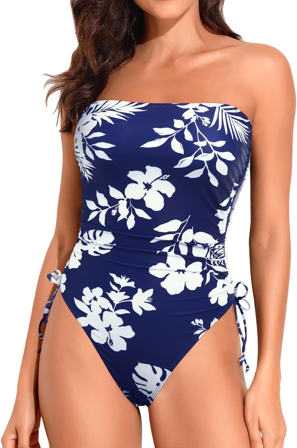 Yonique Women Strapless One Piece Swimsuit Tummy Control Bandeau Bathing Suit Cheeky Swimwear