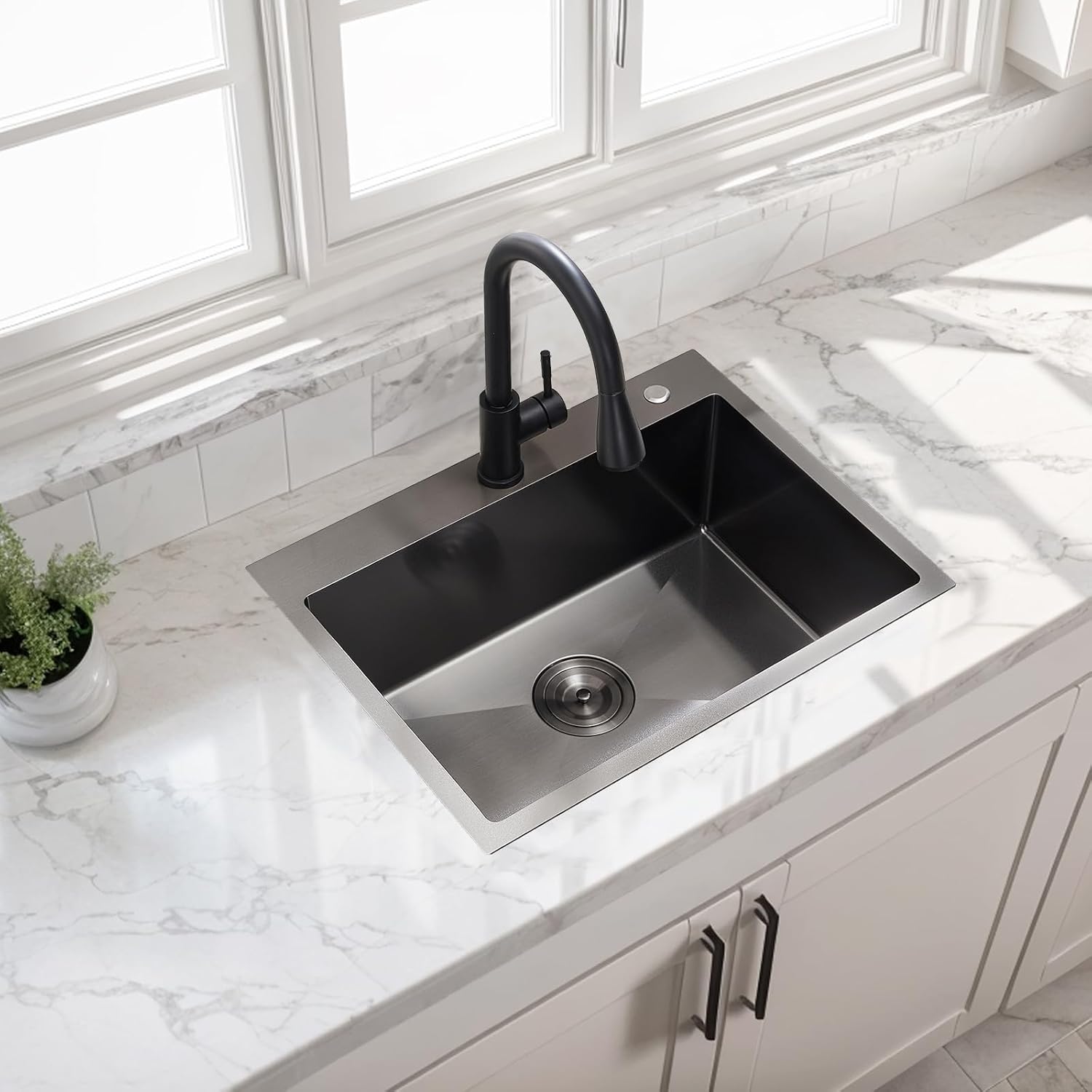 HOTIS 24 X 18 Inch Black Drop In Kitchen Sink, Black Stainless Steel Kitchen Sink, Large Residential Sink with 2 Holes, Single Bowl Topmount Workstation Sink with Dish Grid & Drain