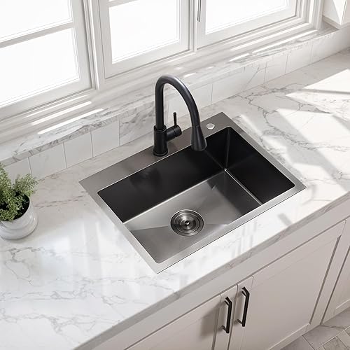 Miniatura 6 de HOTIS - Fregadero de cocina negro de 24 x 18 pulgadas, fregadero de cocina de acero inoxidable negro, fregadero residencial grande con 2 agujeros,