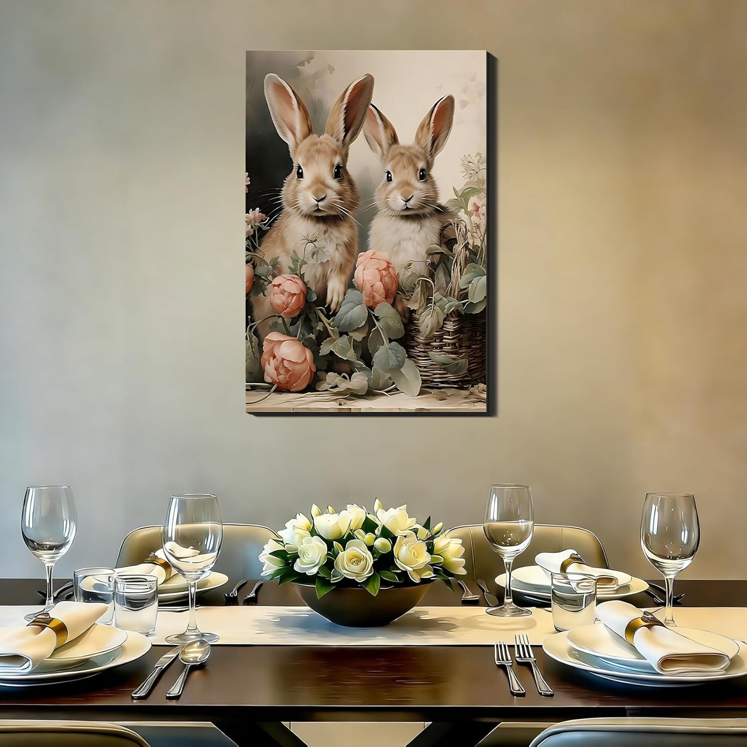 Rustic Bunny & Flowers Canvas Wall Art Framed Rabbit Canvas Prints Picture for Fireplac,Hallway, Farmhouse Spring Easter Wall Decor & Holiday Decoration for Bedroom Bathroom 16x24 In