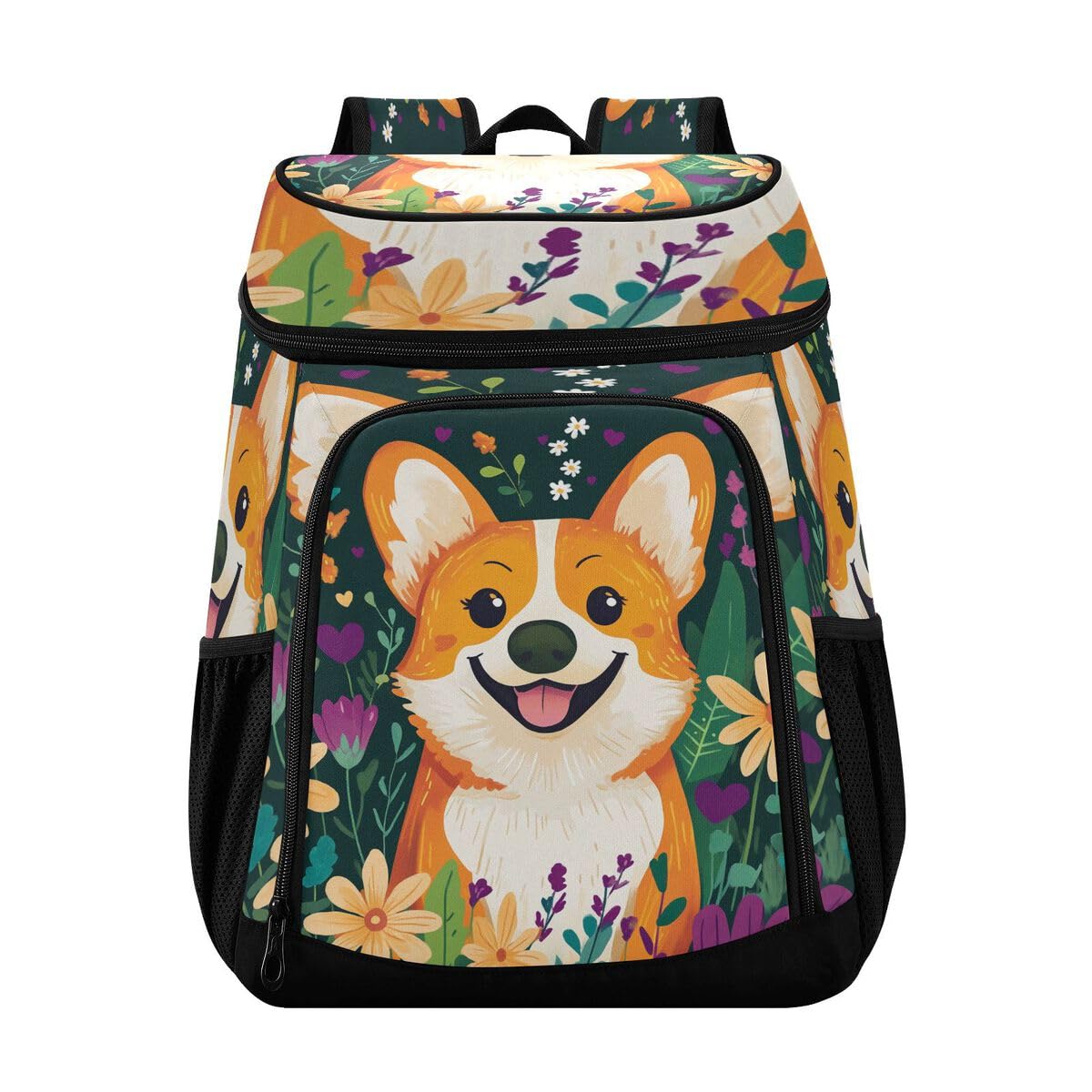 Corgi Flowers Green Cooler Backpack Leakproof Insulated Lunch Cooler Bag 30 Cans Camping Backpacks for Beach Picnic Road Trip