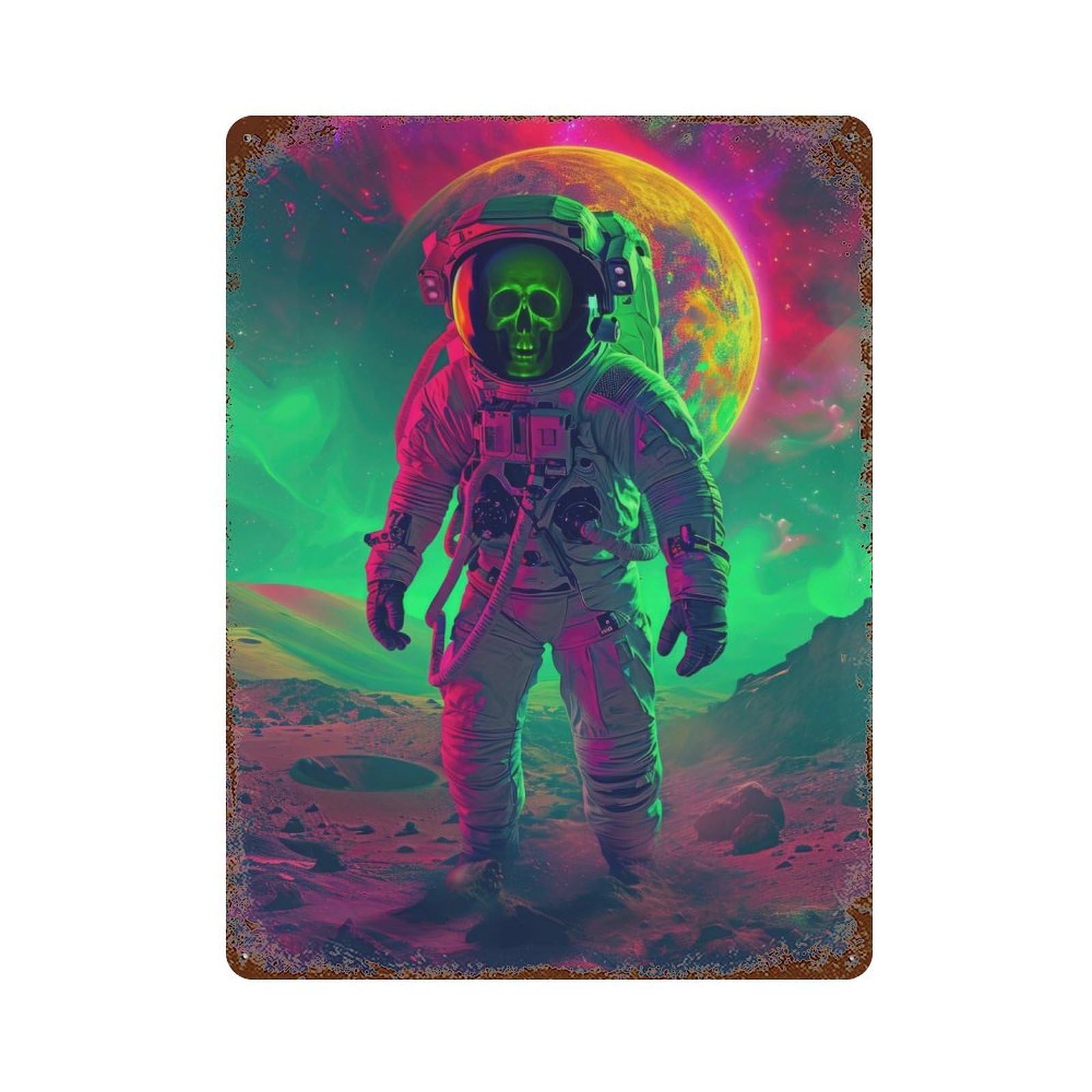 Garage Style Neon Skull Astronaut Aged Metal Wall Plaque 15.7"x11.8", Farmhouse Wall Decor for Bar And Workshop