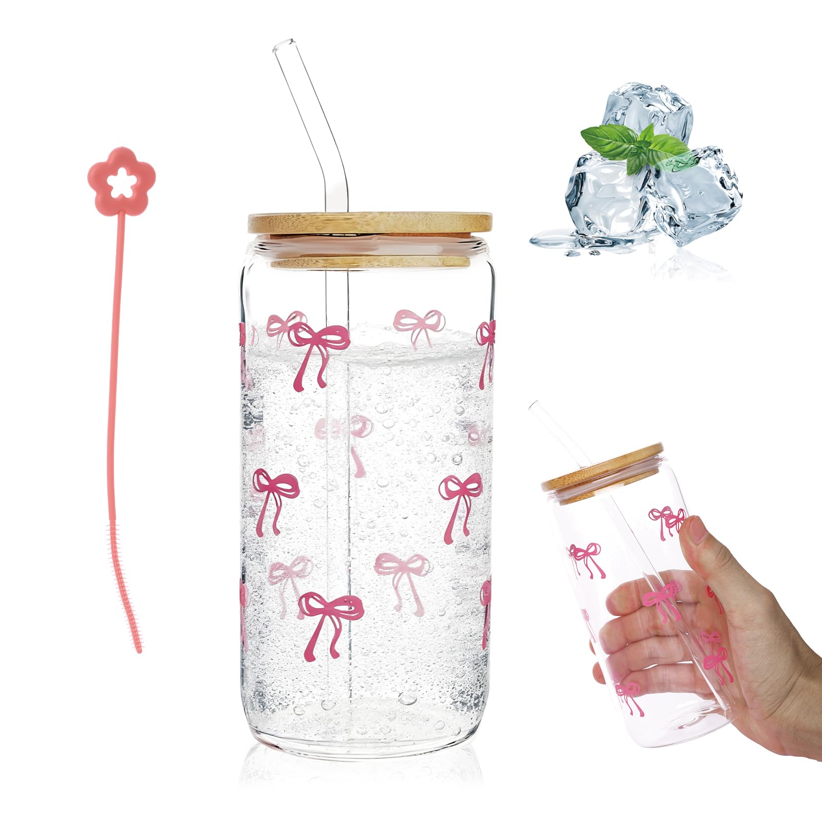 Iced Coffee Cup,17.6oz (500ml) Glass Cups with Lid and Straw,Water Bottle