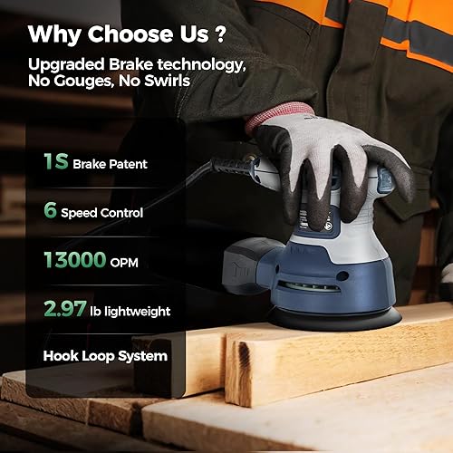 Miniatura 9 de Lijadora orbital aleatoria de 5 pulgadas con freno, lijadora de palma eléctrica de 3.0 amperios, 6 velocidades variables, lijadora eléctrica de