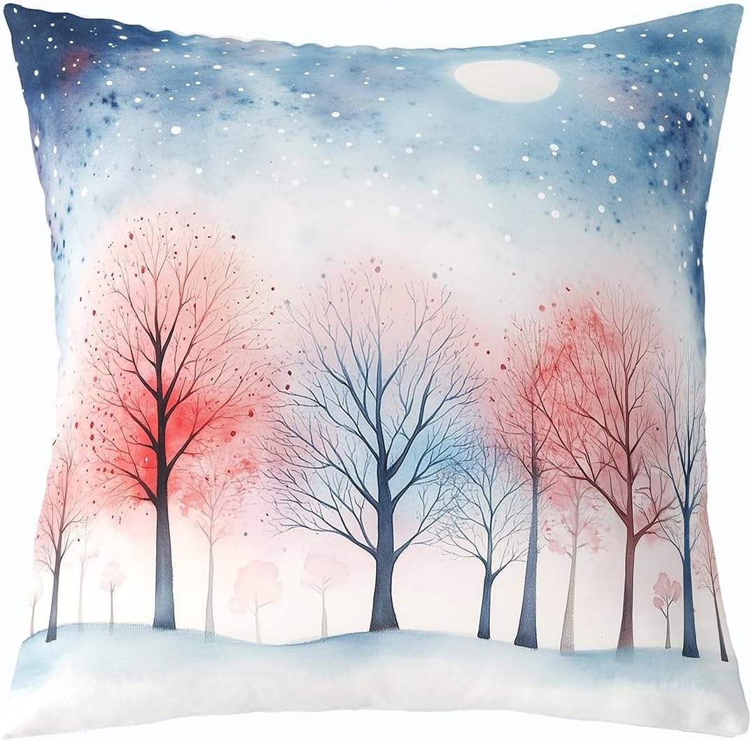 Watercolor Trees Pillow Cover Blue Tie Dye Sky Glitter Moon Pillow Case for Kids Teens Adults Cartoon Pink Blue Plants Rustic Style Cushion Cover for Car Living Room 24x24 Inch