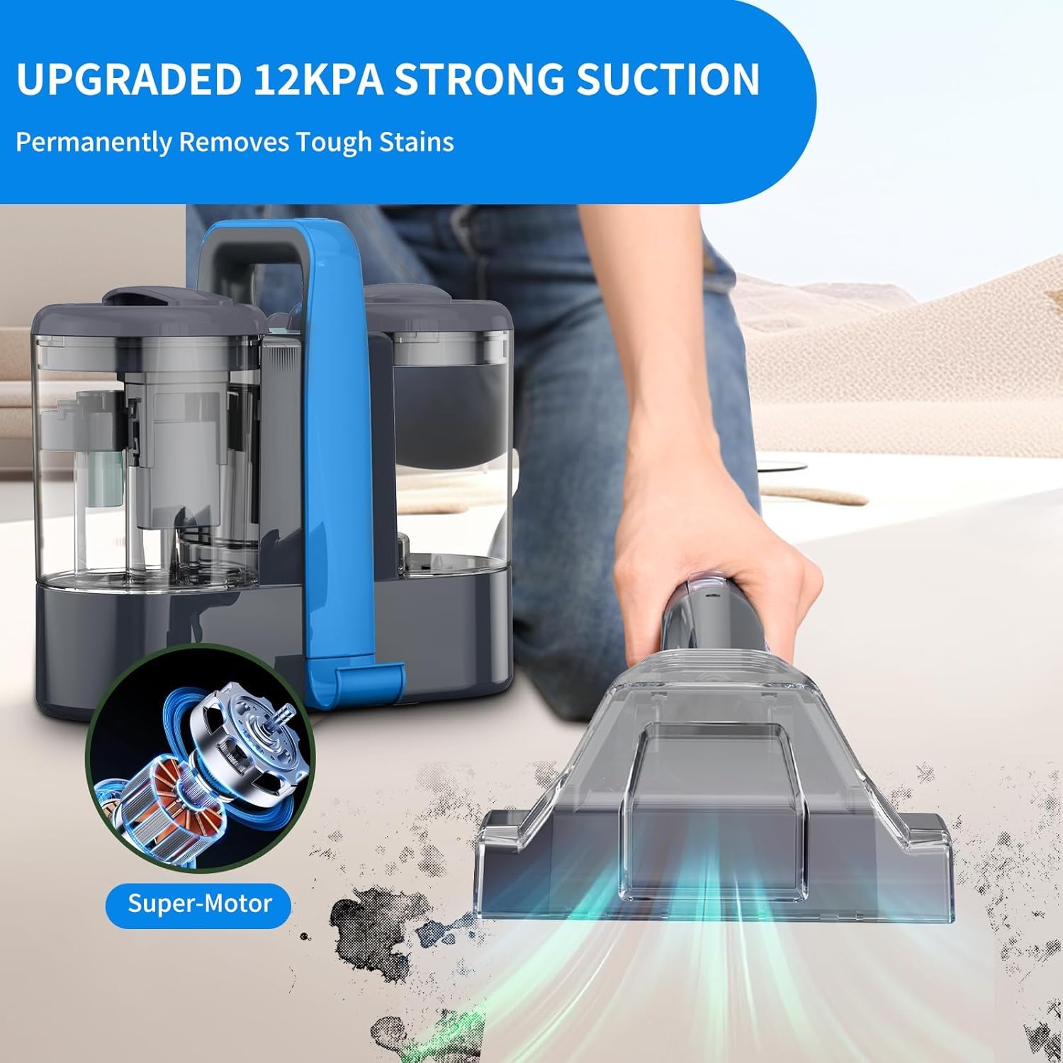 450W/ 12Kpa Lavatappeti Portatile,Lavatappeti,Aspirapolvere per Macchie,Lavatappezzeria,lava divano ad Acqua,lava tappezzeria Per Tappeti, Moquette,Tappezzeria,Scale e Auto (Blue)