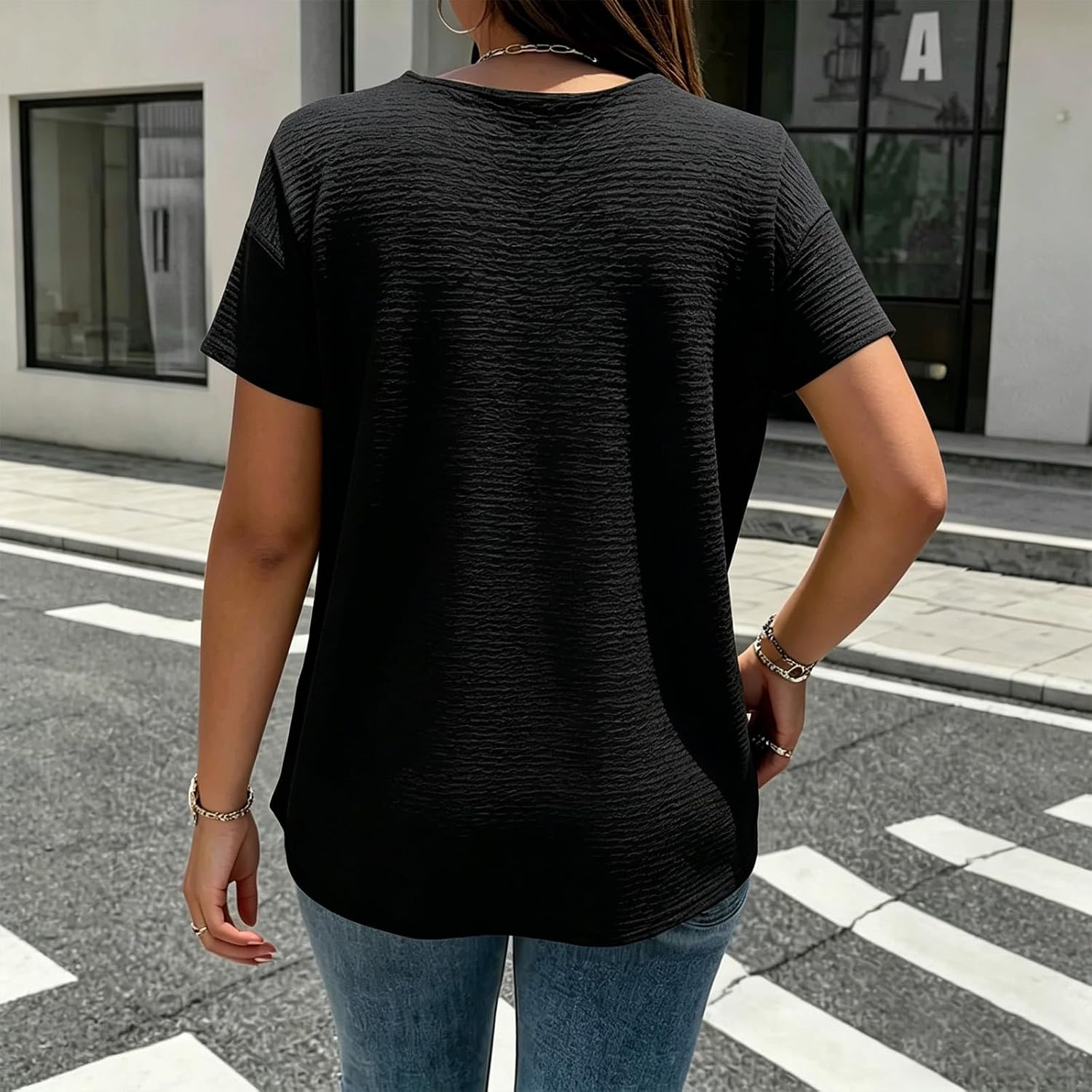 Womens Crew Neck Button Tops Casual Short Sleeve Loose Fit Tunic T Shirts Lightweight Summer Travel Vacation Tees