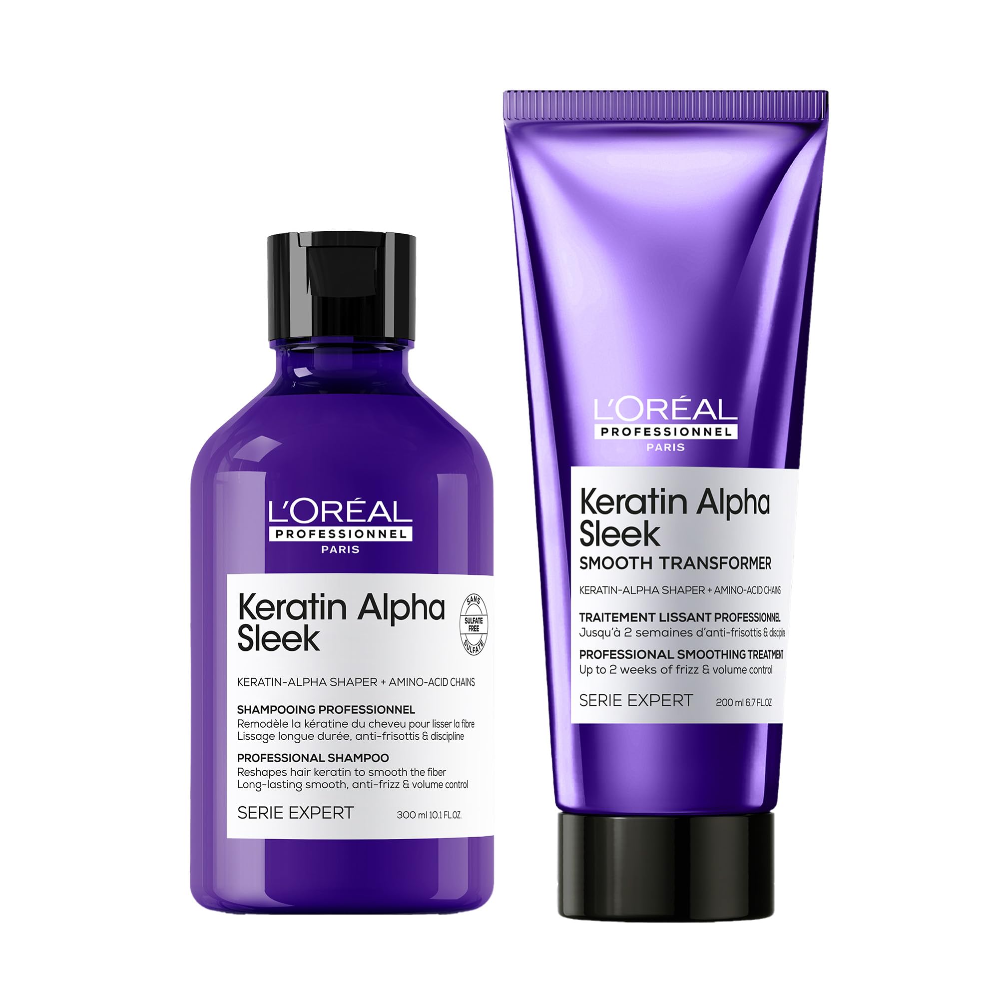 L'OREAL PROFESSIONNEL - Routine Disciplinante Keratin Alpha Sleek - Shampoing + Soin Cheveux Transformatif Lissant - 2 Semaines d'Anti-Frisottis - Lissage Longue Durée - Technologie Brevetée