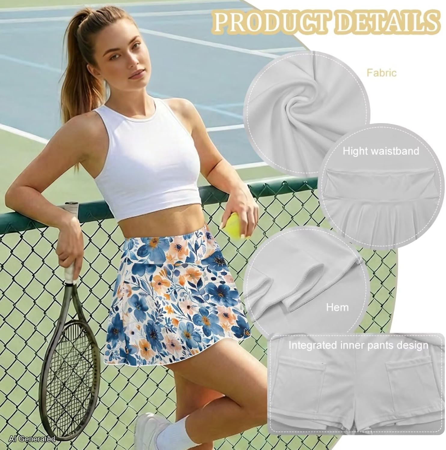 High Waisted Athletic Skort for Women, Pockets Built-in Shorts Lightweight Stretch Skirt for Tennis Golf Casual Wear