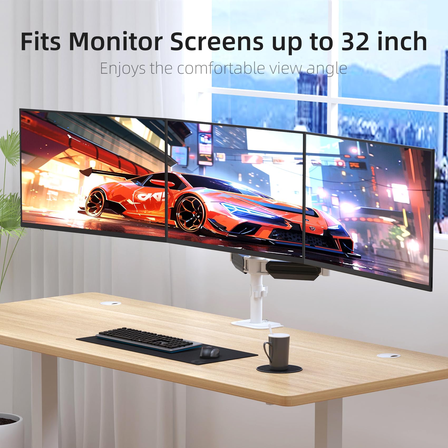 suptek Supporto triplo per monitor da 17 a 32 pollici, regolazione molle a gas, supporto da scrivania con morsetto e kit di occhielli, bianco (MD8003W)
