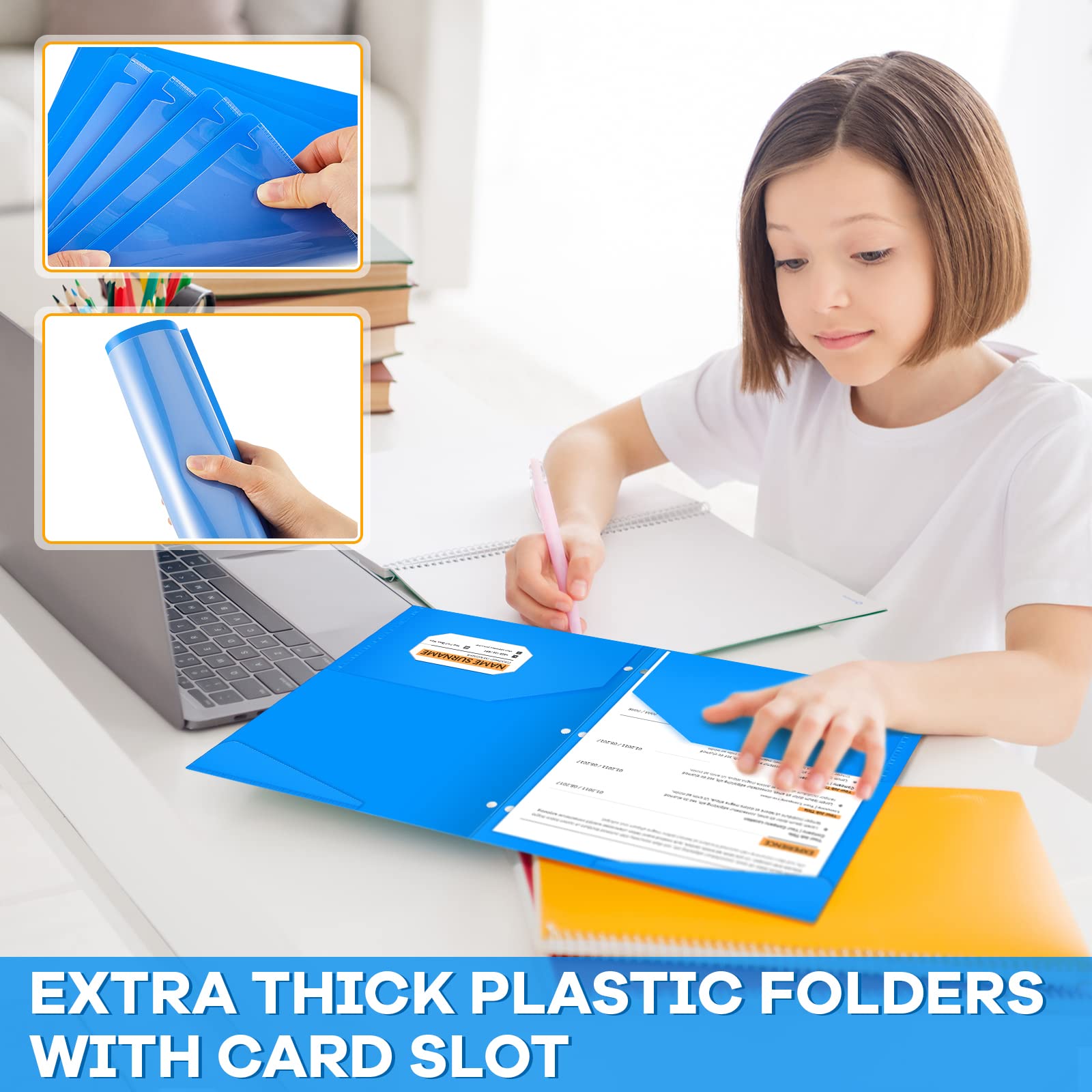 Henoyso Ordner mit 3 Löchern, 2 Taschenordner mit 3 Zinken, strapazierfähig, dicker Kunststoff, mit transparenter Vordertasche für 3-Ringbinder, Schule, Büro und Klassenzimmer, 30 x 24 cm, 60 Stück