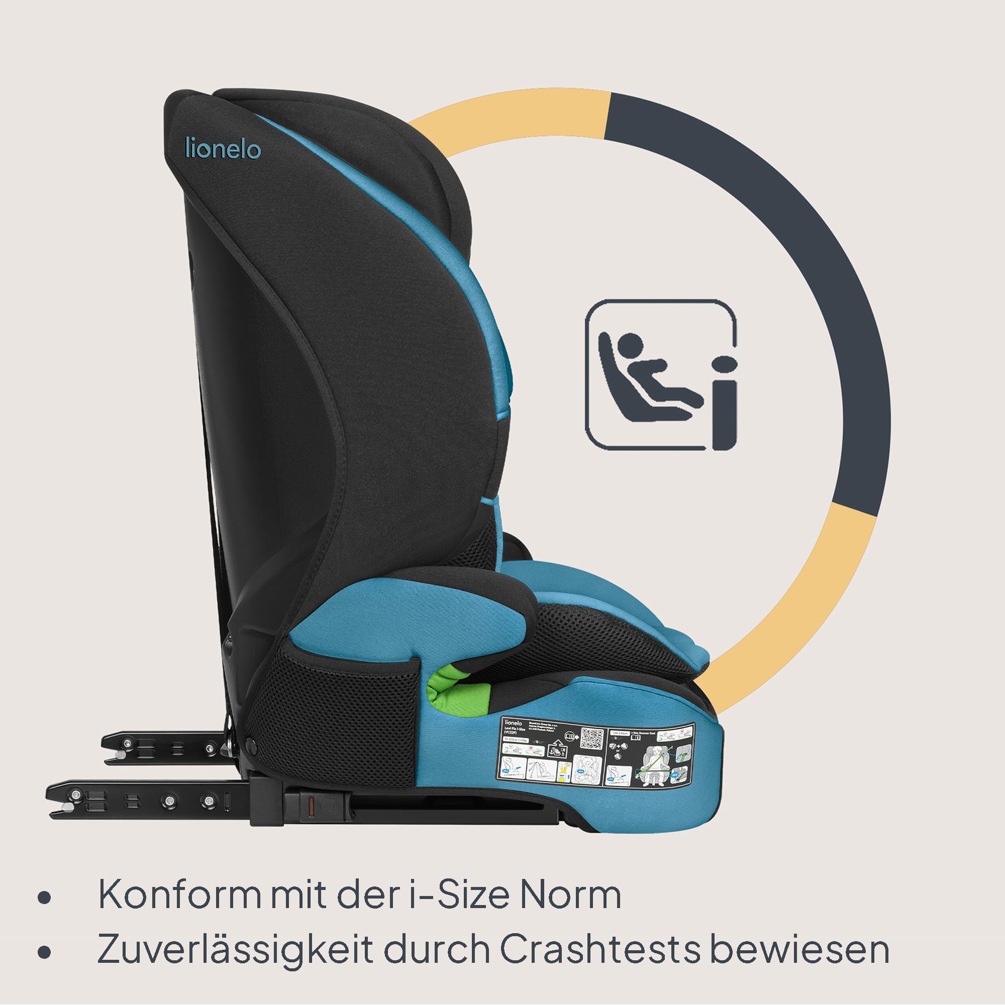Lionelo LEVI FIX I-SIZE Kindersitz 76-150 cm bis zu 36 kg, Gruppe 1 2 3, Seitenschutz, 10 Grad Kopfstützenverstellung, ISOFIX und Top Tether Montage, R129 i-Size | Seitenschutz, 10 Grad Kopfstützenverstellung, ISOFIX und Top Tether Montage, R129 i-Size