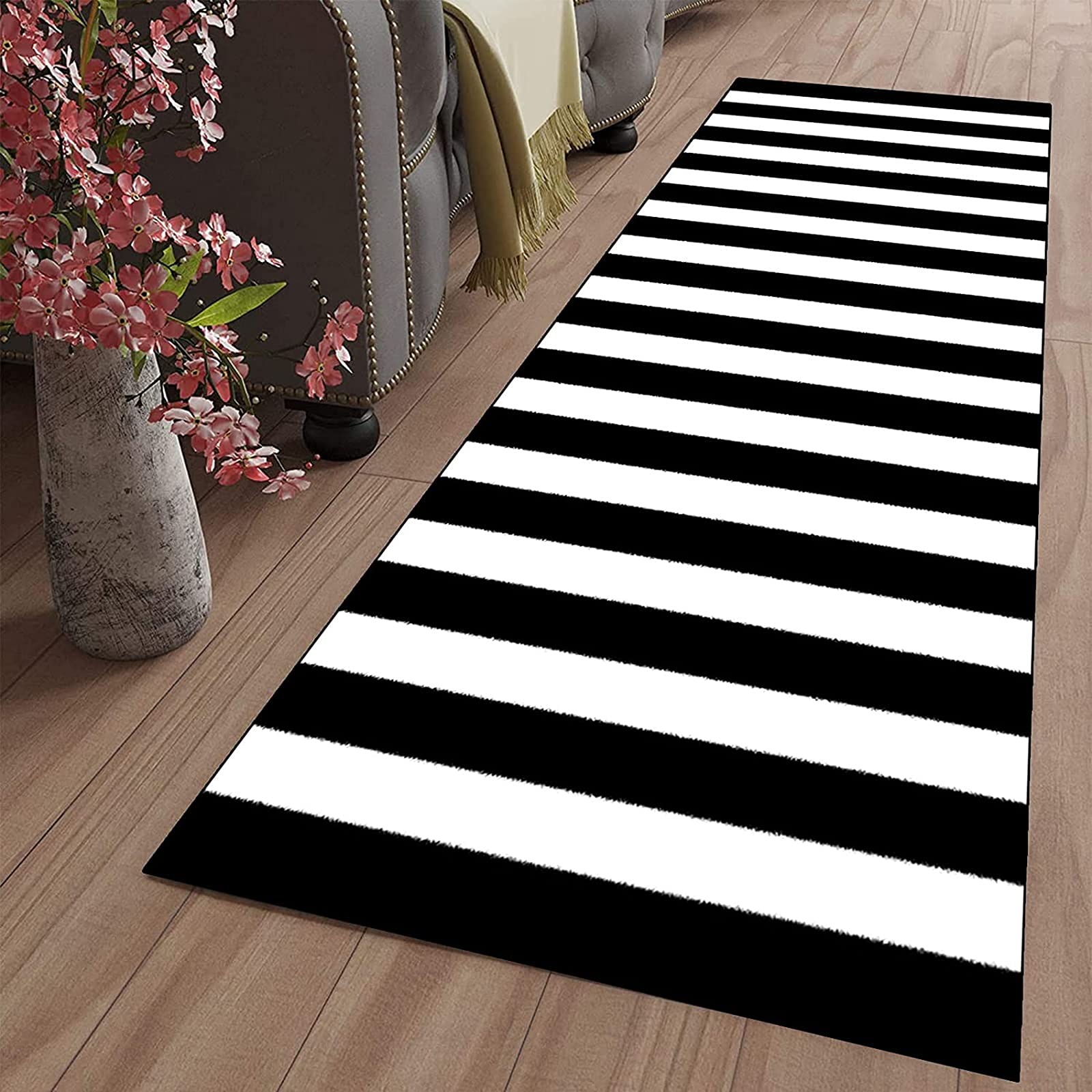 Teppich Läufer Flur Schwarz Weiss Streifen Küchenläufer Marokko Flur Teppich Küchen Teppich Waschbar Rutschfest Flur Teppich Korridor Teppich Für Küche Wohnzimmer Schlafzimmer ,Schwarz,60x150cm