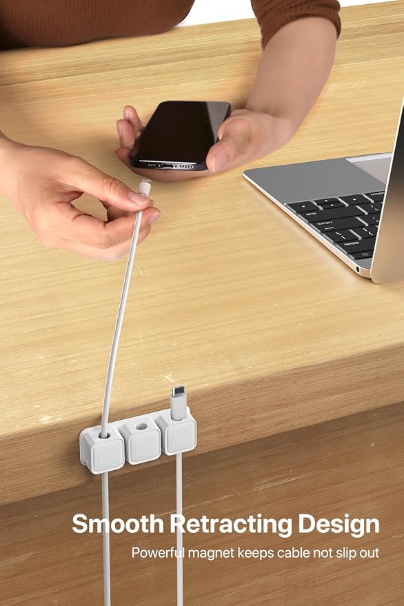 Abrazaderas magnéticas para cables Smofish, paquete de 6 organizadores de cables de 10 ranuras, sujetadores fuertes para cables de carga de teléfono, sujetacables para escritorio, mesita de noche y electrodomésticos de cocina (blanco) miniatura 3