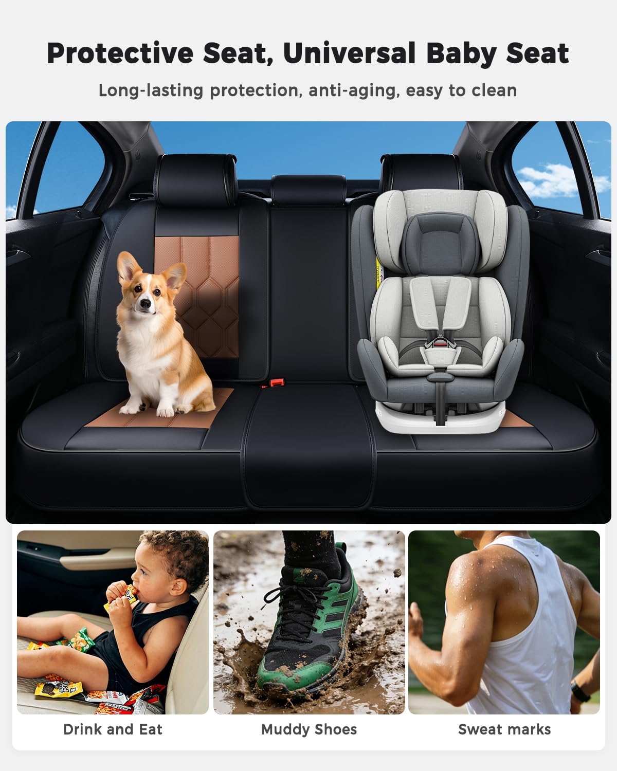 Huidasource Seat Covers Full Set, Universal Fit for Most Cars SUV Trucks, Full Coverage Leather Seat Cover, Airbag, Cupholder Compatible, Seat Function Retain, Easy Install with Velcro, Black & Brown