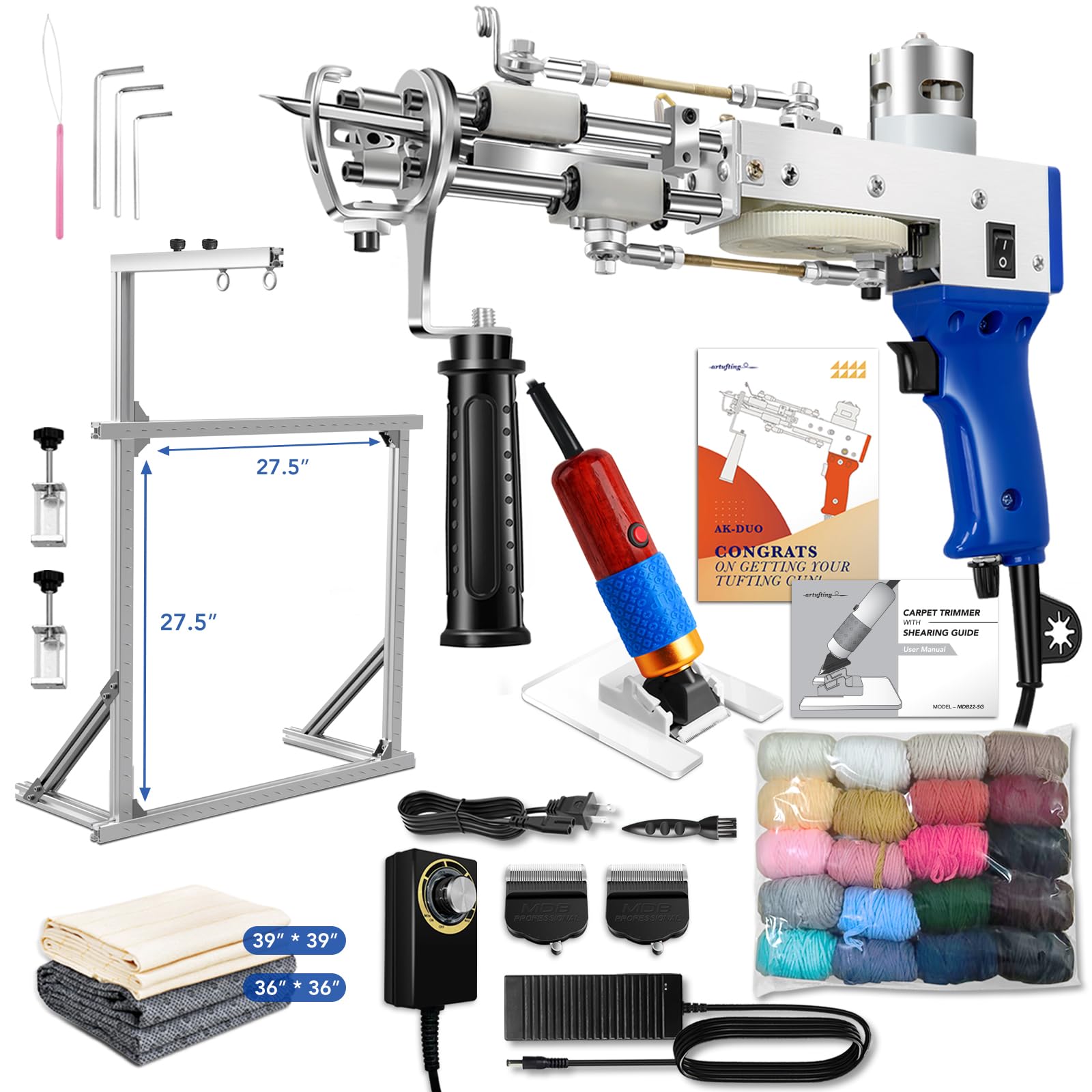 Rug Tufting Gun Starter Kit with Frame & Carpet Trimmer & Yarn, Carpet Making Kit with Tufting Frame Tufting Supplies with Primary Tufting Cloth, Rug Gun Machine Starter Kit with Rug Shaver(Blue)