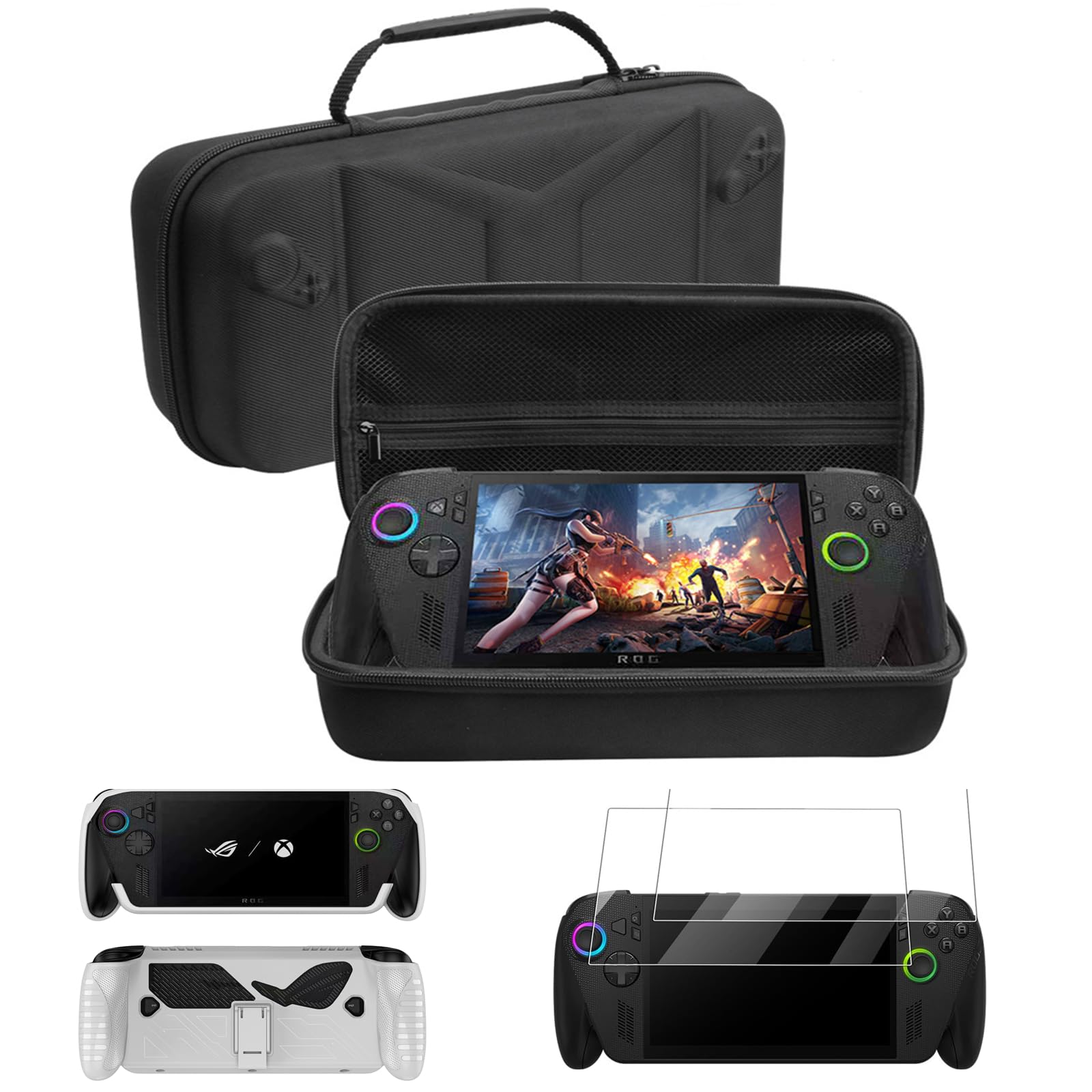 CDCHGAM Kit di protezione completo per ROG Xbox Ally X 2025 - Custodia in TPU con supporto, custodia per il trasporto e 2 pellicole in vetro temperato, set di custodie protettive