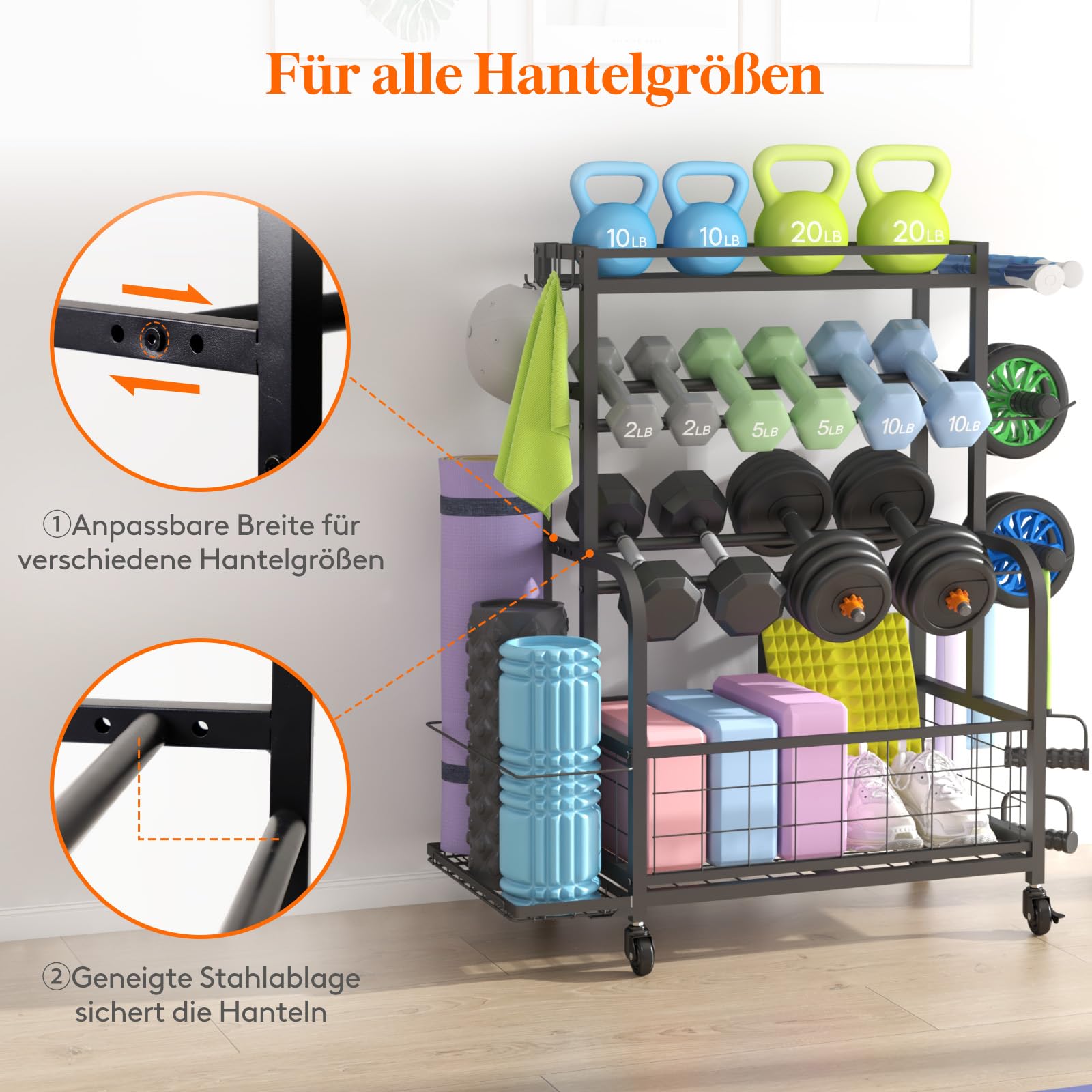 Lifewit Hantelständer für Home Gym, Hantelablage mit Abschließbare Universal-Räder und Haken, Kettlebell Rack, Yoga-Mattenhalter, Hantelregal für Krafttraining, Gewichtsregal für Haus, Garage, Mittel