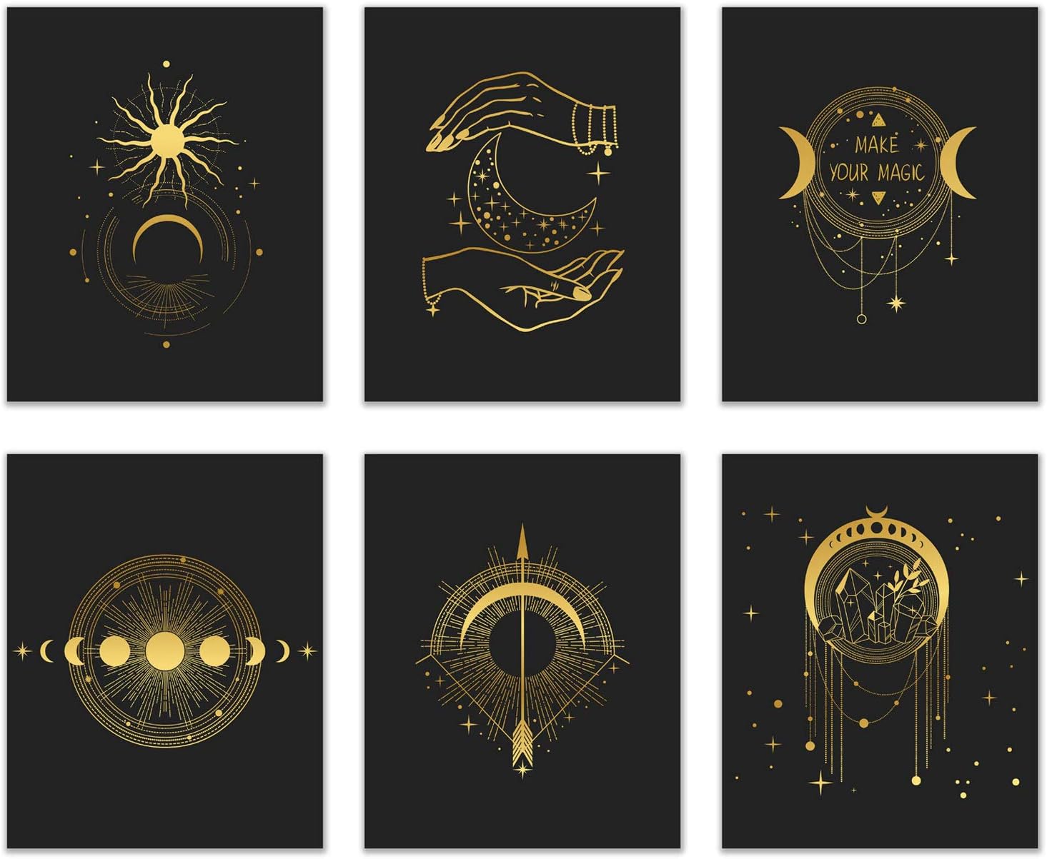 Occult Gold and Black Prints - Set of 6 (8x10) Glossy Wall Art Decor Alchemy - Witch -Third Eye - Planets