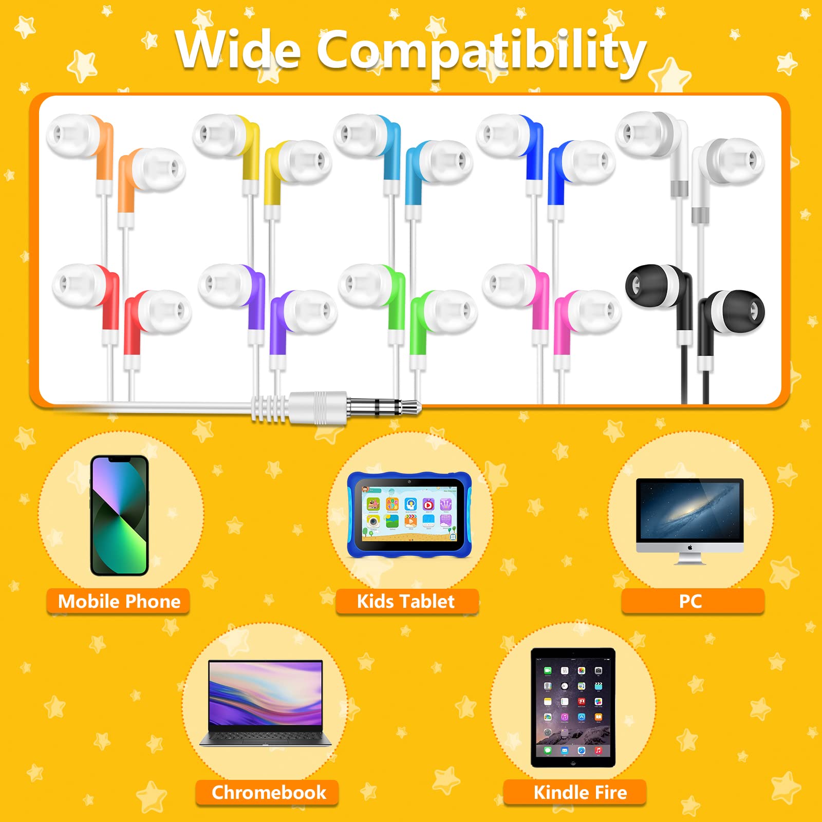 Confezione da 200 auricolari per bambini, perfetti per scuola, aule, biblioteche, studenti, multicolore, confezionati singolarmente (10 colori misti)