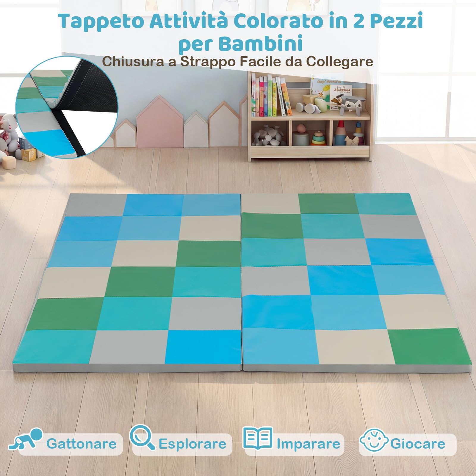 COSTWAY Tappeto Gioco Pieghevole, 144 x 144 cm, Tappetino da Ginnastica con Pelle Impermeabile, Tappeto da Pavimento per Cameretta (Blu+Verde)