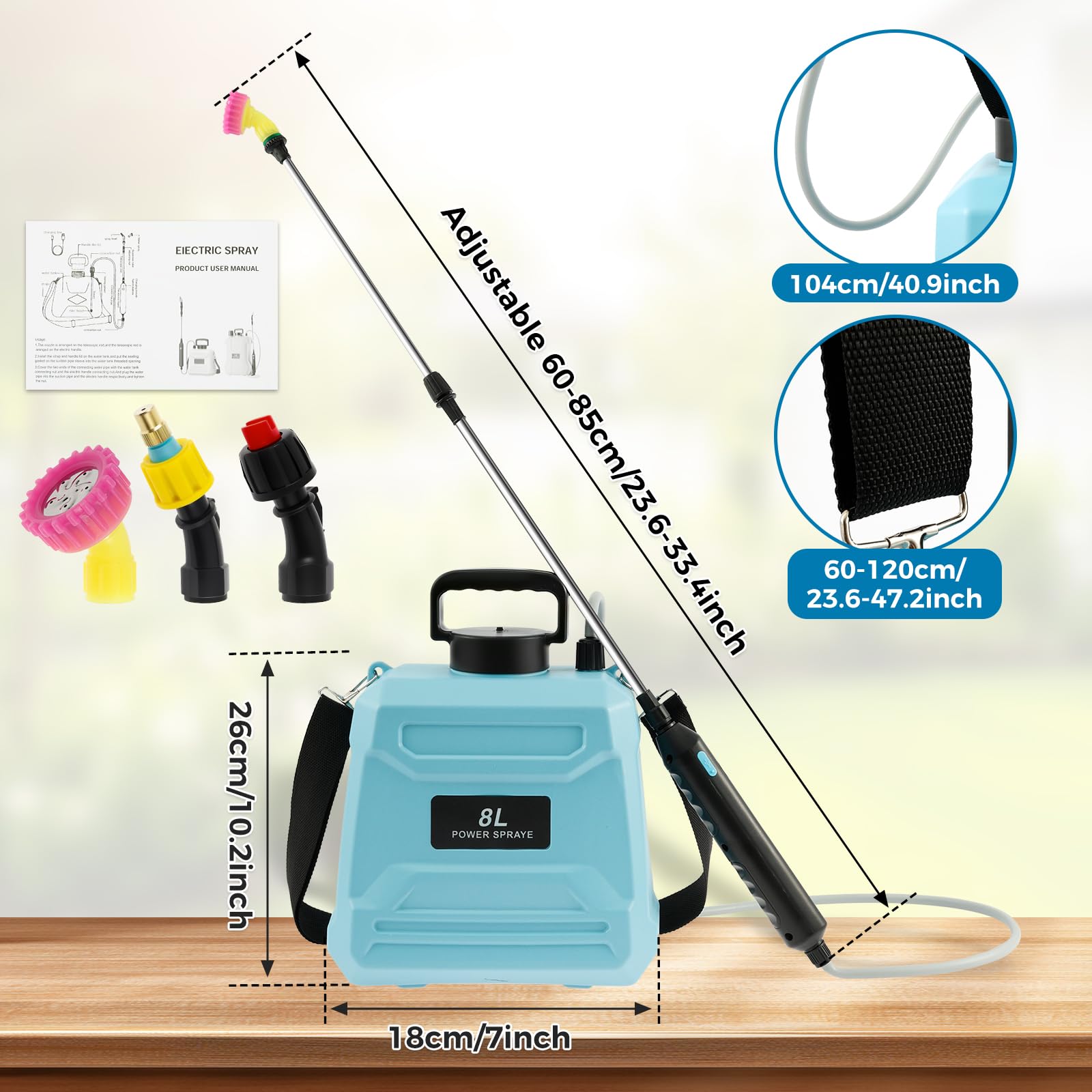 Opryskiwacz ciśnieniowy 8 litrów, zasilany bateriami, z 3 dyszami przeciwmgielnymi, ergonomiczny elektryczny spray z regulowanym paskiem na ramię, do strzykawek ogrodowych, strzykawek do chwastów (8 l