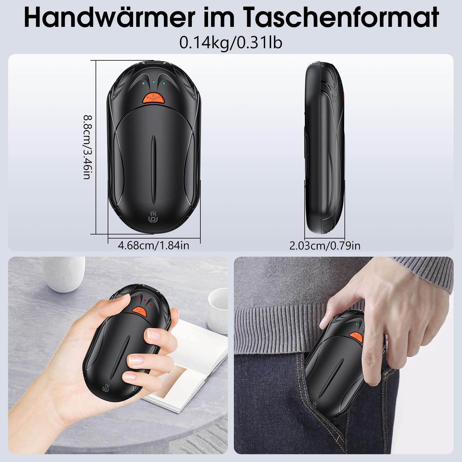 Handwärmer Elektrisch 2er Set, 20 Stunden Akkulaufzeit USB Handwärmer Wiederaufladbar OUTJUT, 6000mAh 3 Heizmodi Schnelles Aufheizen, Outdoor Sport im Winter, Geschenk Weihnachten