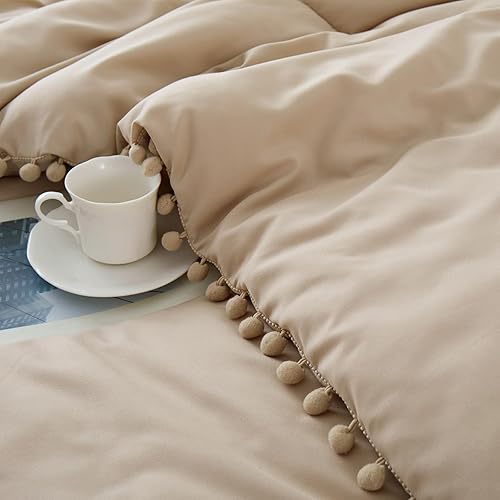 Miniatura 4 de LANNOMO Juego de edredón bohemio beige tamaño matrimonial con pompones, 1 edredón ligero y 2 fundas de almohada