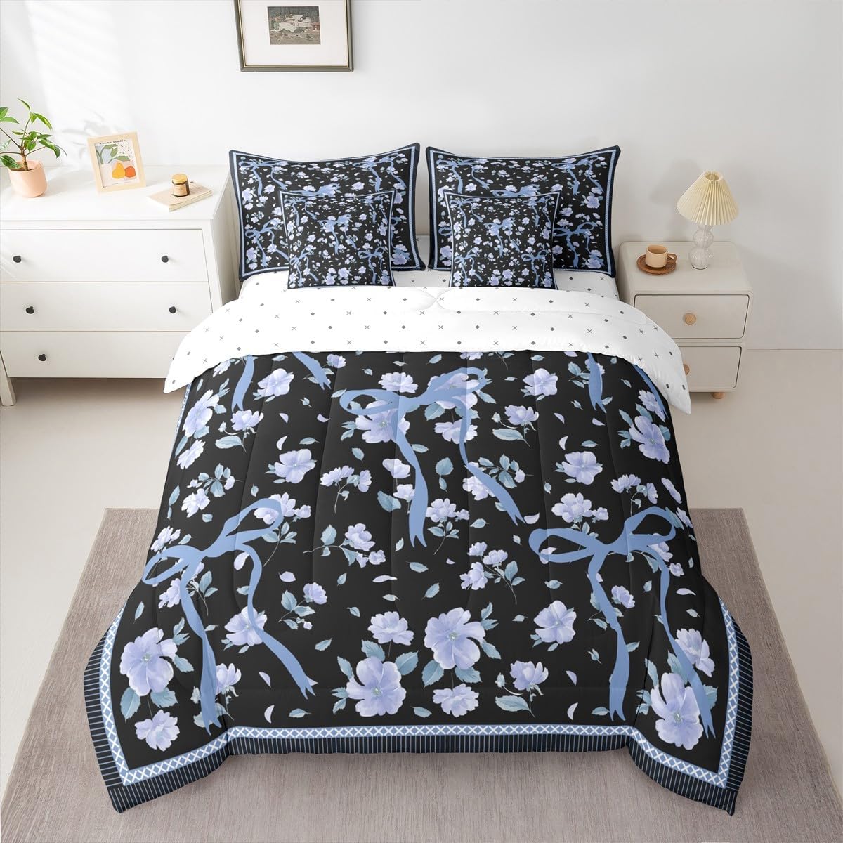 Erosebridal Bow Floral 7 Pcs Comforter Set Full Bed in A Bag Farmhouse Coquette Decor Bedding Sets for Kids | Girls Bow Knot Flowers Sheet Set with Comforter Blue Black Bowknot Pastoral Style Quilt