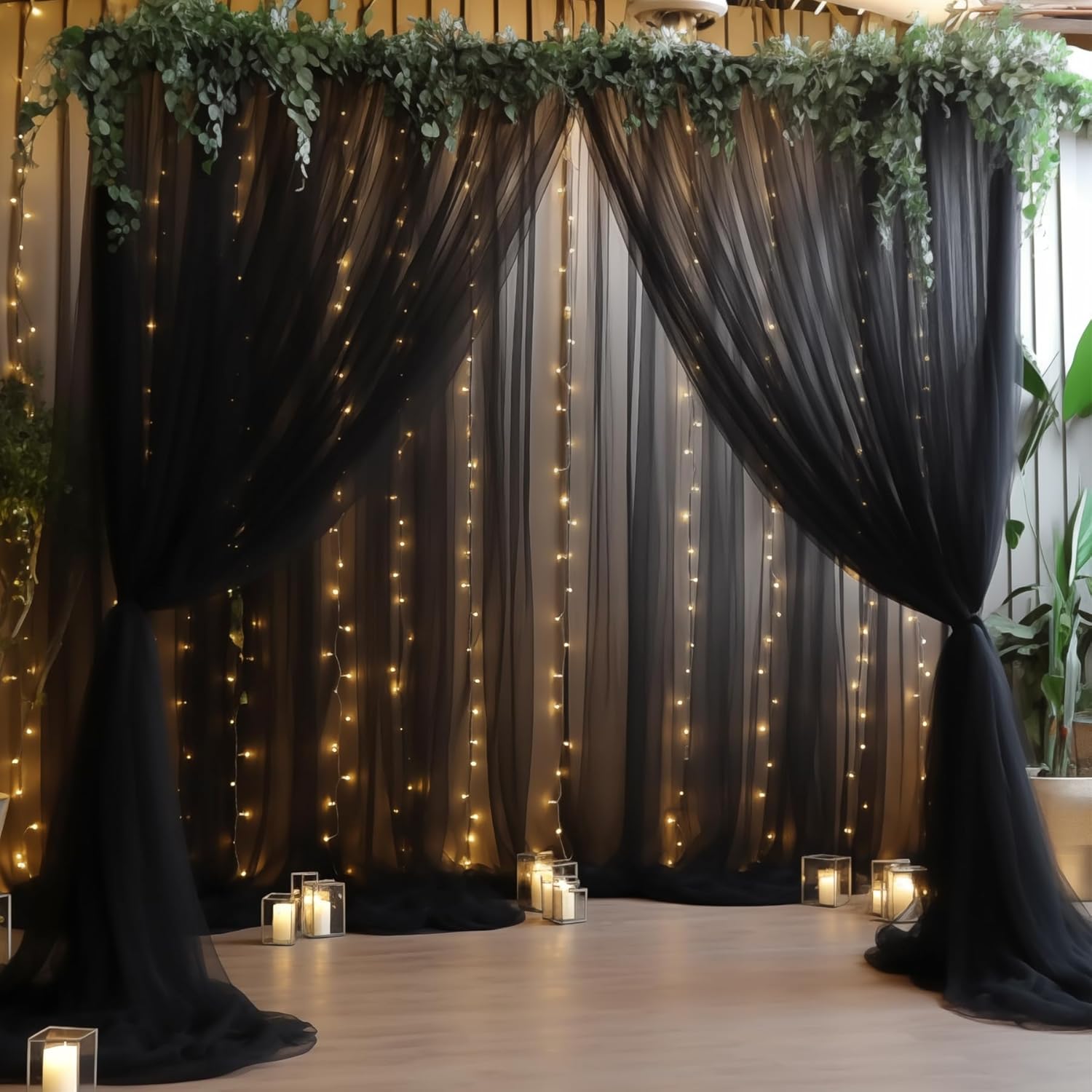 20×10ft Black Tulle Backdrop Curtain with Lights String for Parties, Sheer Photo Backdrop Curtains for Wedding Party Photography Background