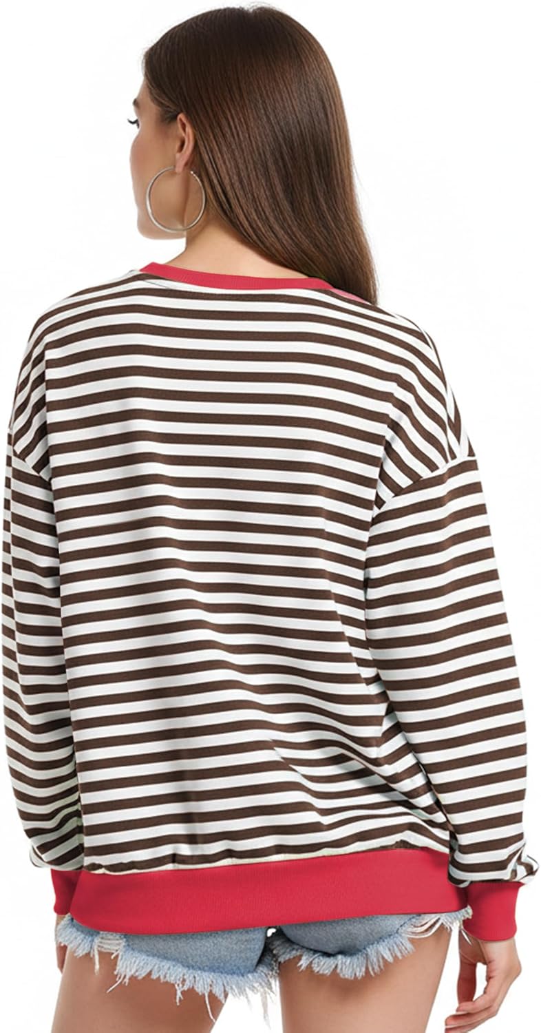 Women Striped Oversized Sweatshirt Long Sleeve Crewneck Shirt Fall Fashion 2025 Pullover Top Preppy Y2K Clothes Brown - Image 5