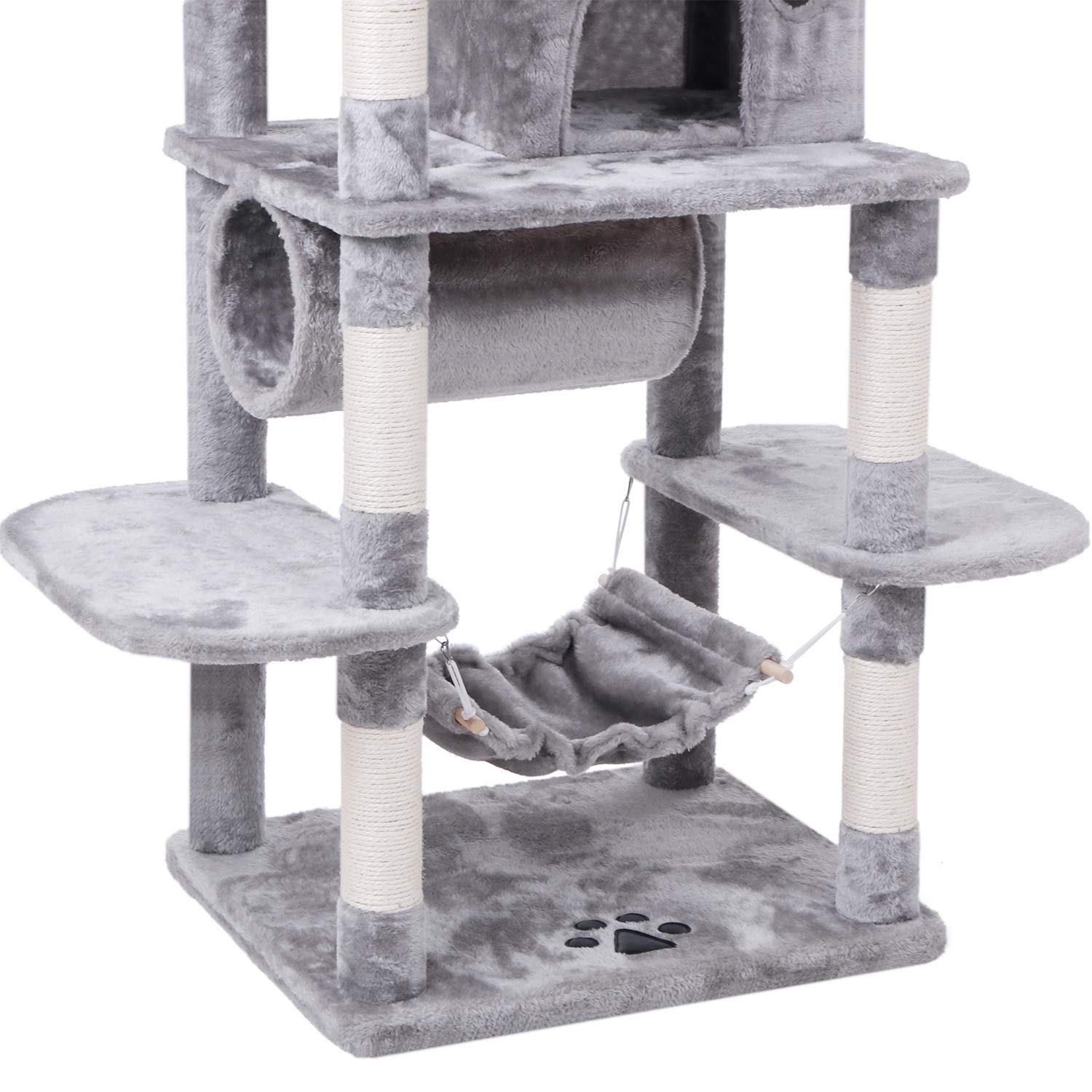BEWISHOME Cat Tree with Sisal Scratching Posts Perch House Hammock Tunnel, Cat Tower Cat Condo Furniture Kitten Activity Center Pet Play House Kitty Playground, Light Grey MMJ02G