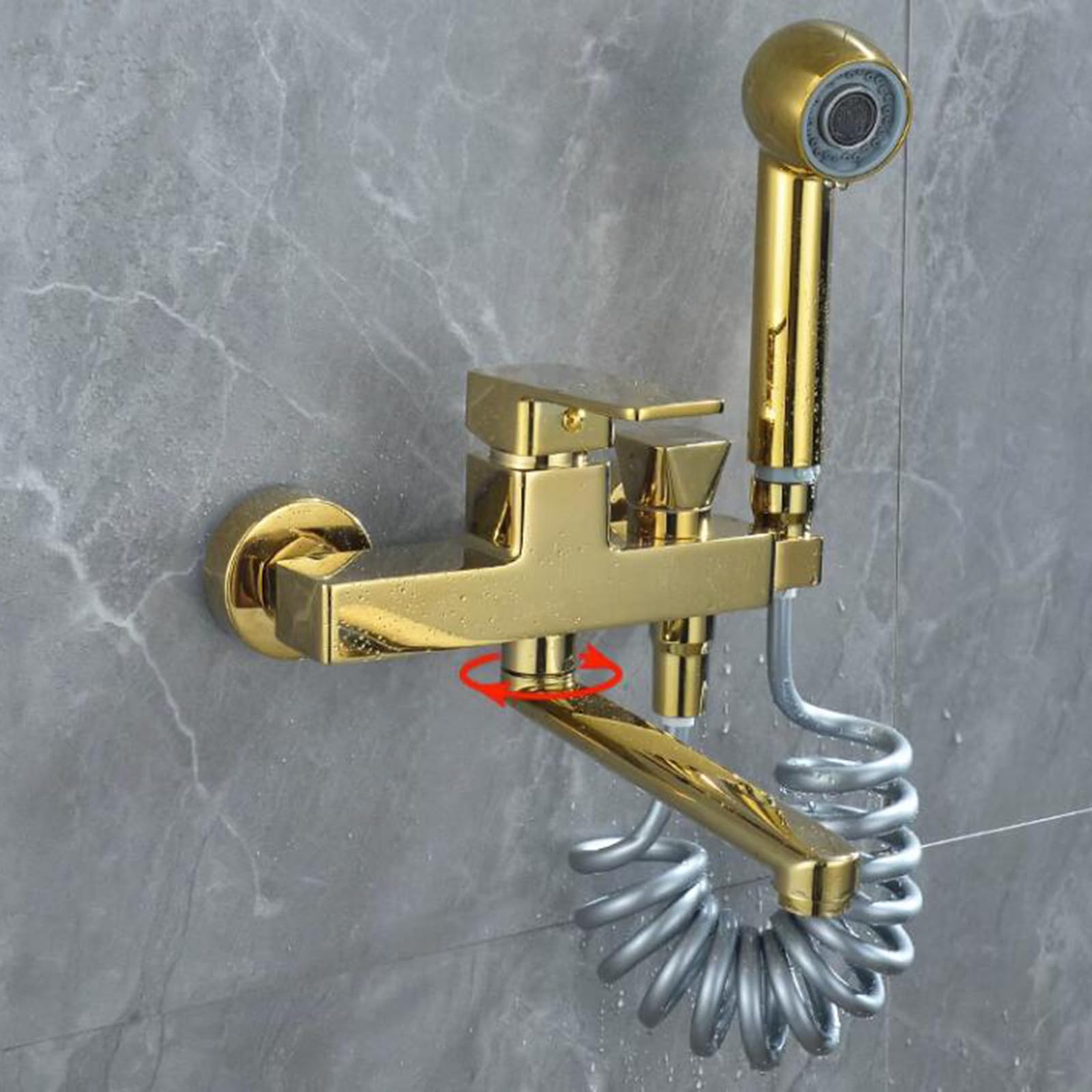 Grifo de Cocina montado en la Pared Grifo de Fregadero Dorado Grifo Giratorio de latón Pistola pulverizadora multifunción Grifo Mezclador de cocina-25 cm