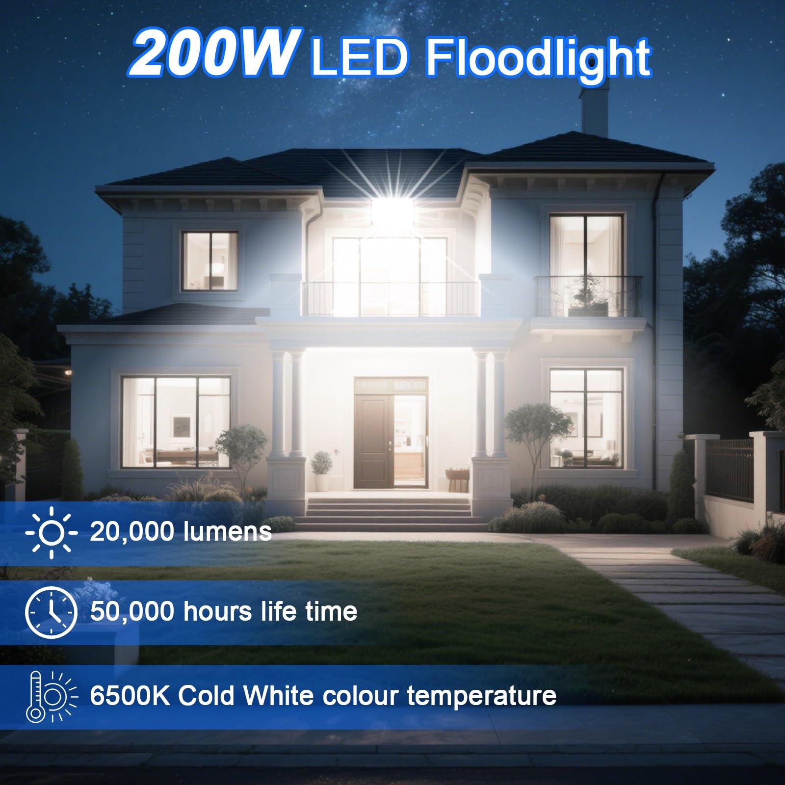 Focos LED Exterior 200W, 20.000 lúmenes Proyector LED Exterior IP66 Impermeable foco exterior de Floodlight 2 Piezas foco blanco frío de 6500K, luz de inundación para almacén garaje jardín patio