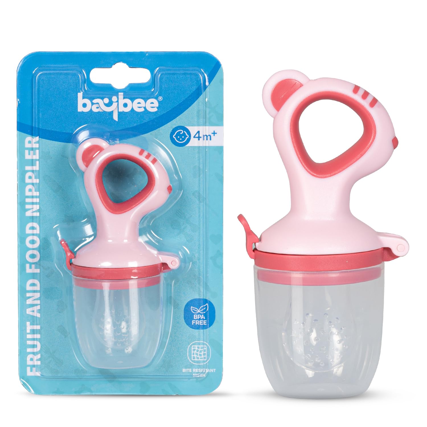 Baybee Silicone Baby Food Feeder with Soft Spoon, Fresh Fruits Feeder with Pacifier Nibbler for Baby Chewing Teething Toy | Food Grade Silicone Squeeze Feeder (Rabbit Pink)