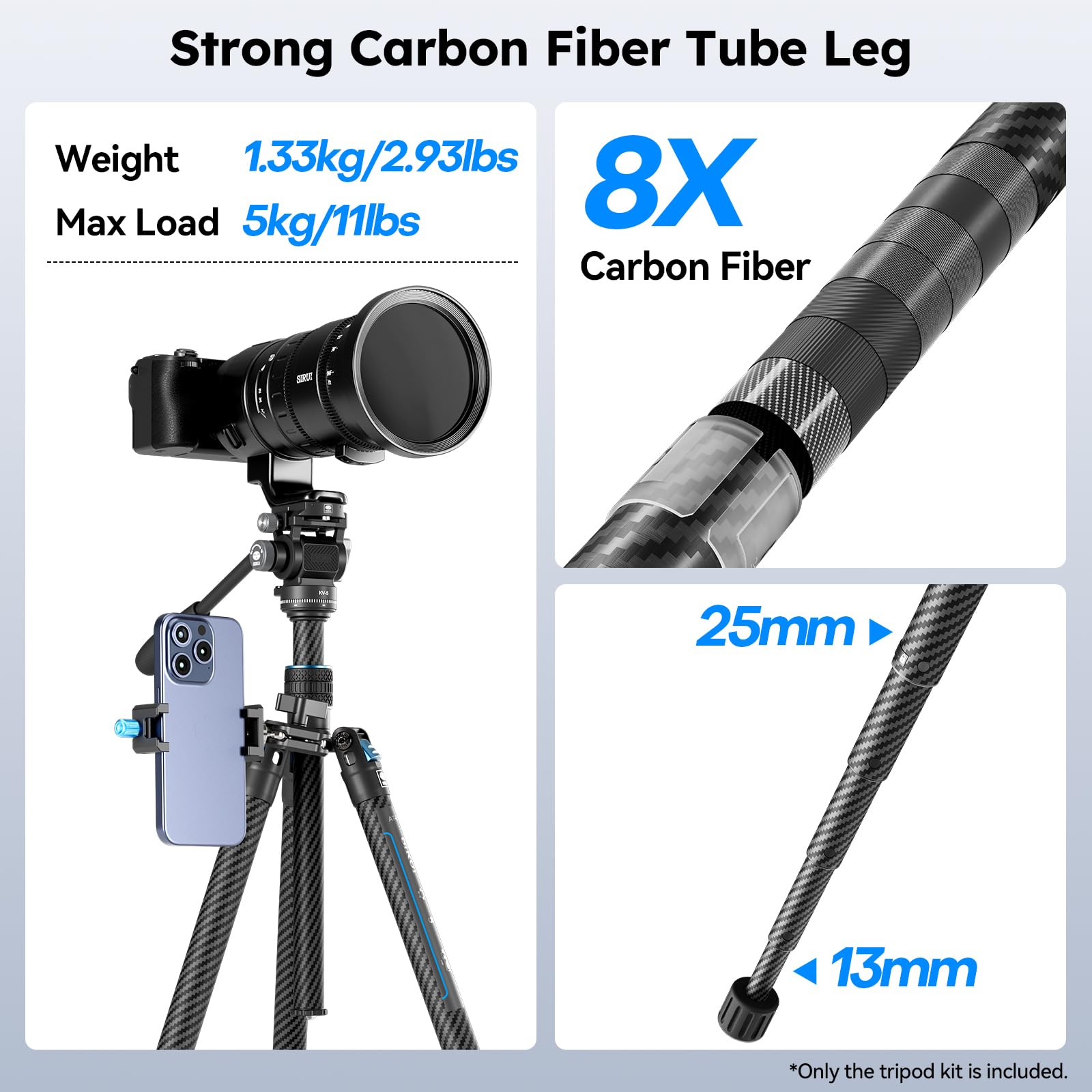 SIRUI Treppiede in fibra di carbonio con testa fluida, panoramica liscia a 360° e inclinazione ± 90°, carico utile 5 kg, rilascio rapido delle gambe in 2 secondi, colonna centrale reversibile per