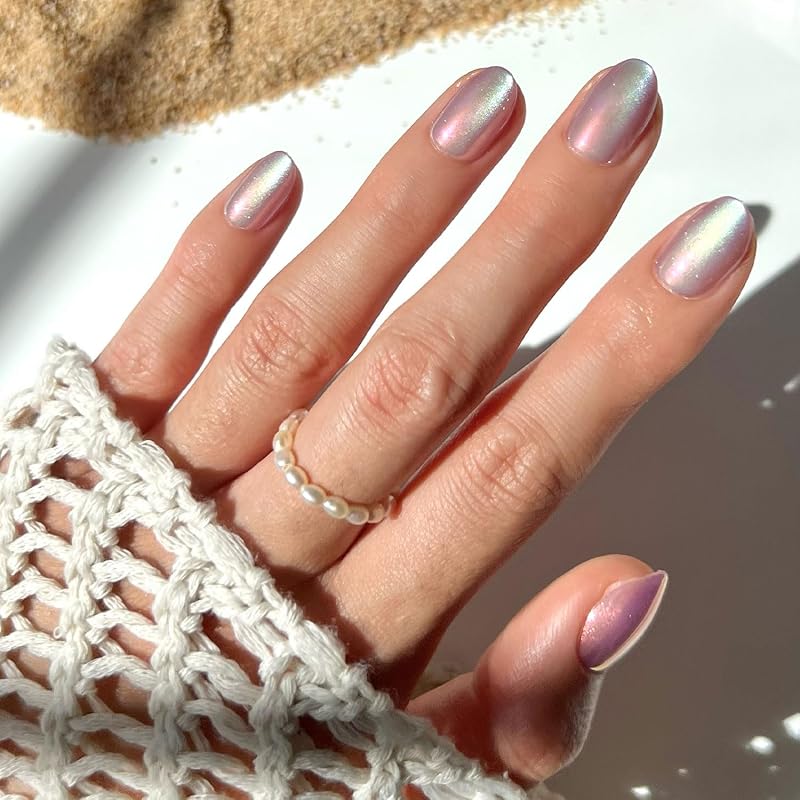 Press On Nails - Kit completo de 30 piezas de uñas postizas cortas, ovaladas y aterciopeladas | Prensa morada nacarada sobre uñas, 15 tamaños. Kit completo con pegamento. Juego adhesivo impermeable, resistente a astillas, hasta 2 semanas de uso