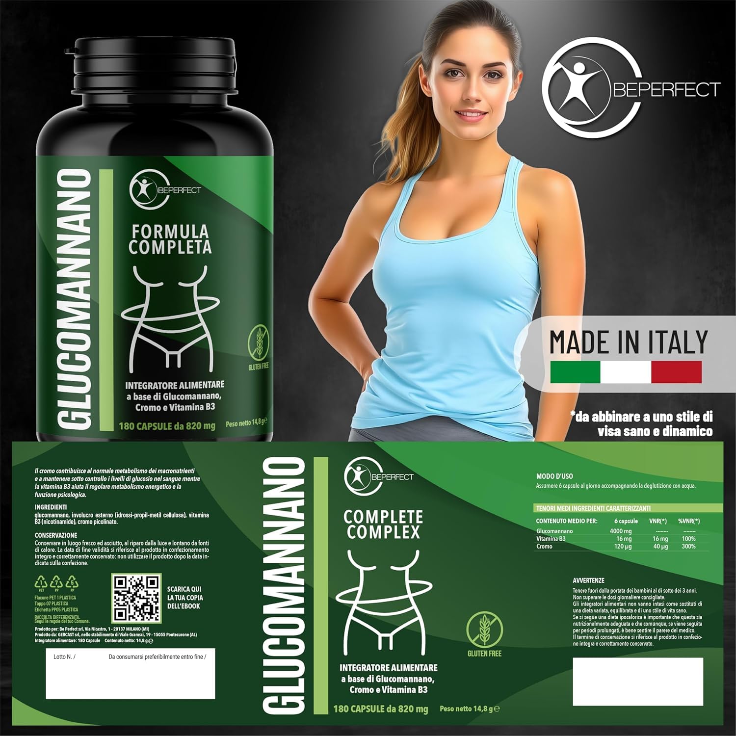 BePerfect Glucomannano Forte Purificato 4000mg 180Cps | Integratore Naturale Arrichito con Cromo e Vitamina B3