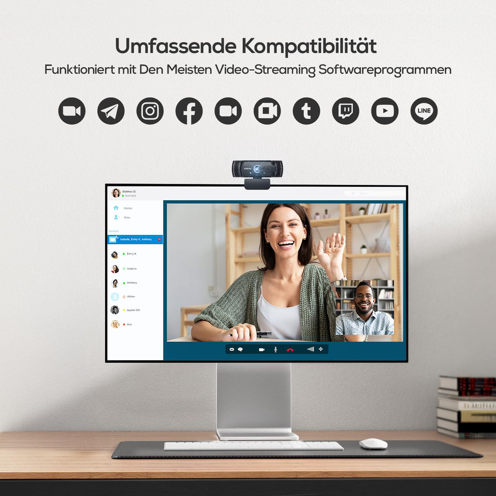 NULAXY Webcam 2K avec microphone, webcam USB Plug & Play avec cache de confidentialité pour ordinateur portable, PC, correction de la lumière, caméra Web USB pour appels vidéo, Skype, Zoom, FaceTime