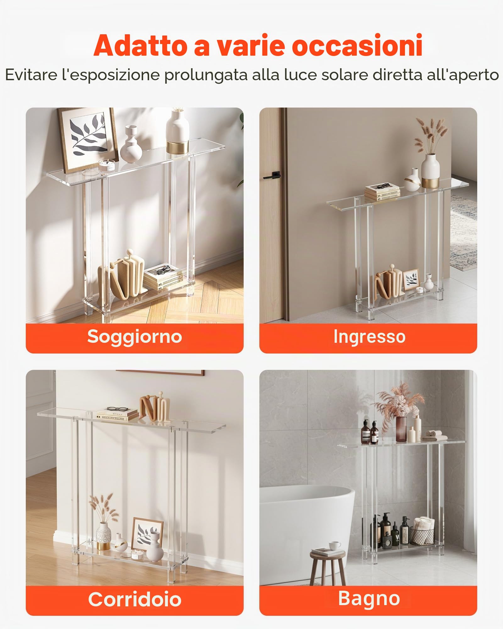 VEVOR Tavolo Consolle in Acrilico, con 2 Ripiani e Vano Portaoggetti Sottostante, Tavolino Rettangolare Moderno, Tavolo da Ingresso per Atrio, Corridoio, 19,3 x 100 x 80 cm, Trasparente