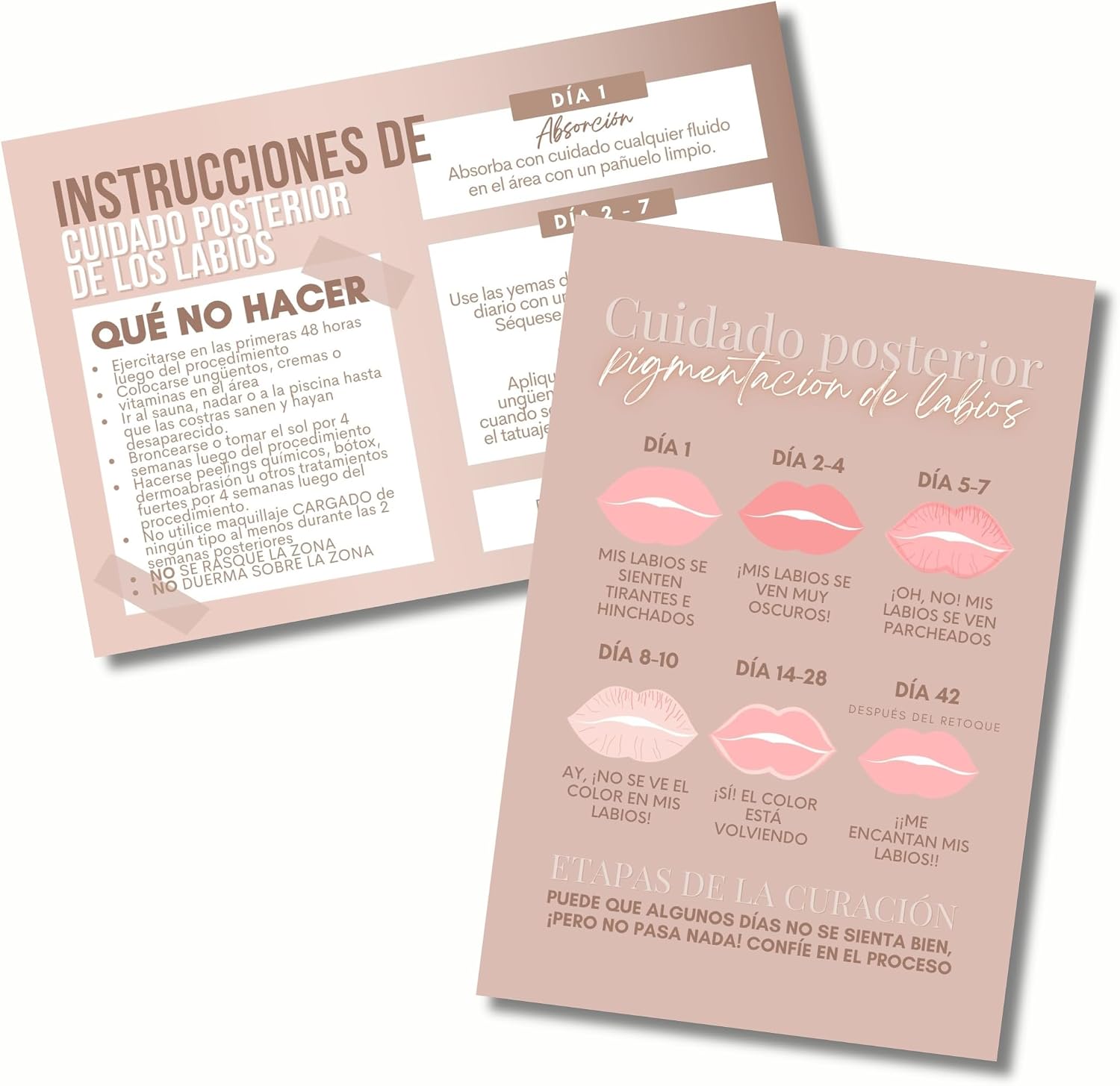 Spanish Lip Blush Aftercare Instruction Cards | 35 Pack | 4x6 inch Post Card Size | Lip Blush Supplies