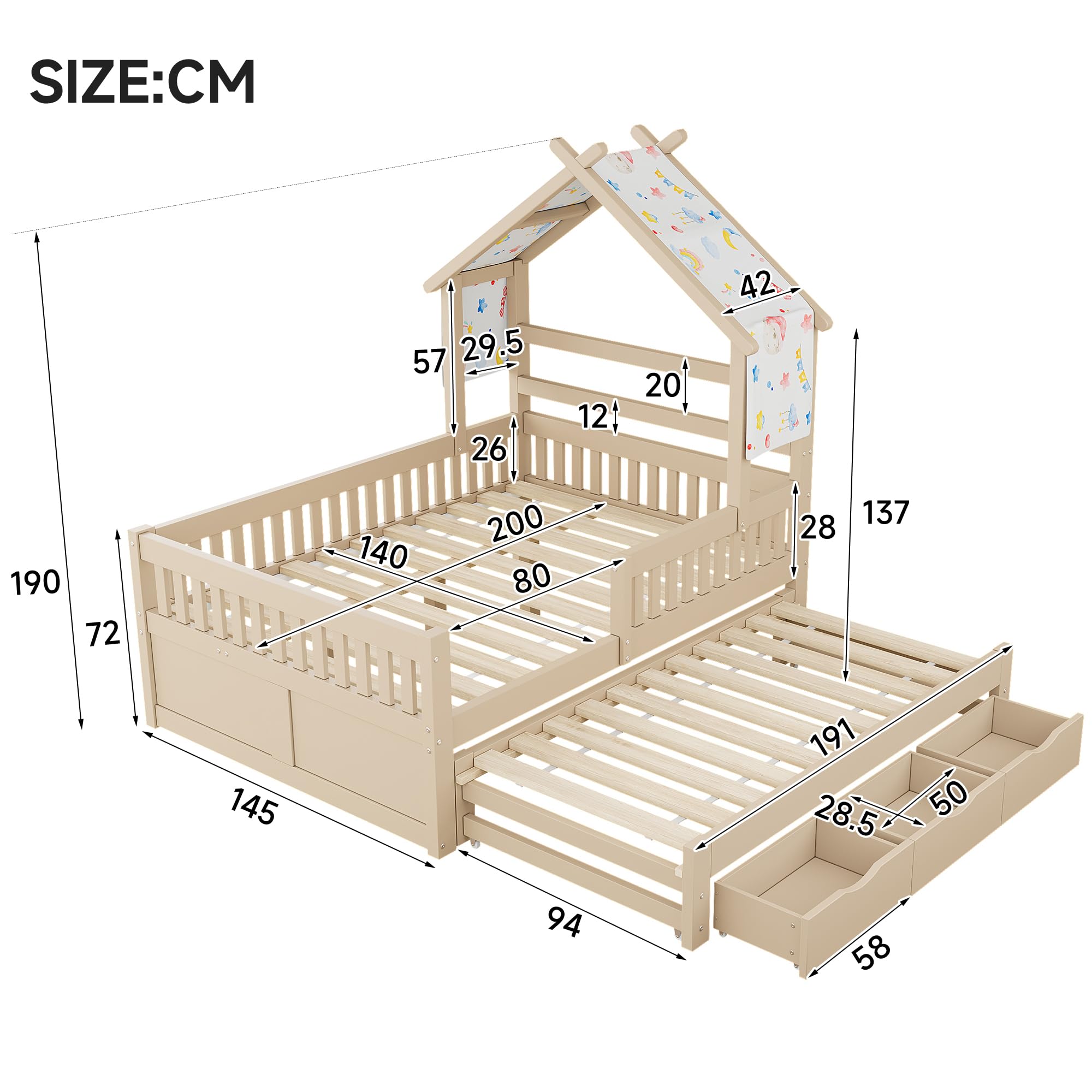 Sapgaks Lit Enfant en Bois 140 x 200 avec lit gigogne 90x190,3 tiroirs et barrières de sécurité,lit cabane Enfants,Cadre de lit 140 x 200 avec sommier à Lattes (C-Jaune Clair 140x200)